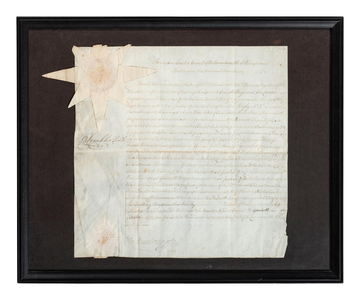 FRANKLIN, Benjamin (1706-1790). Document signed ("B. Franklin"), as President of the Supreme Executive Council of Pennsylvania. [Philadelphia, PA], 20 October 1785.