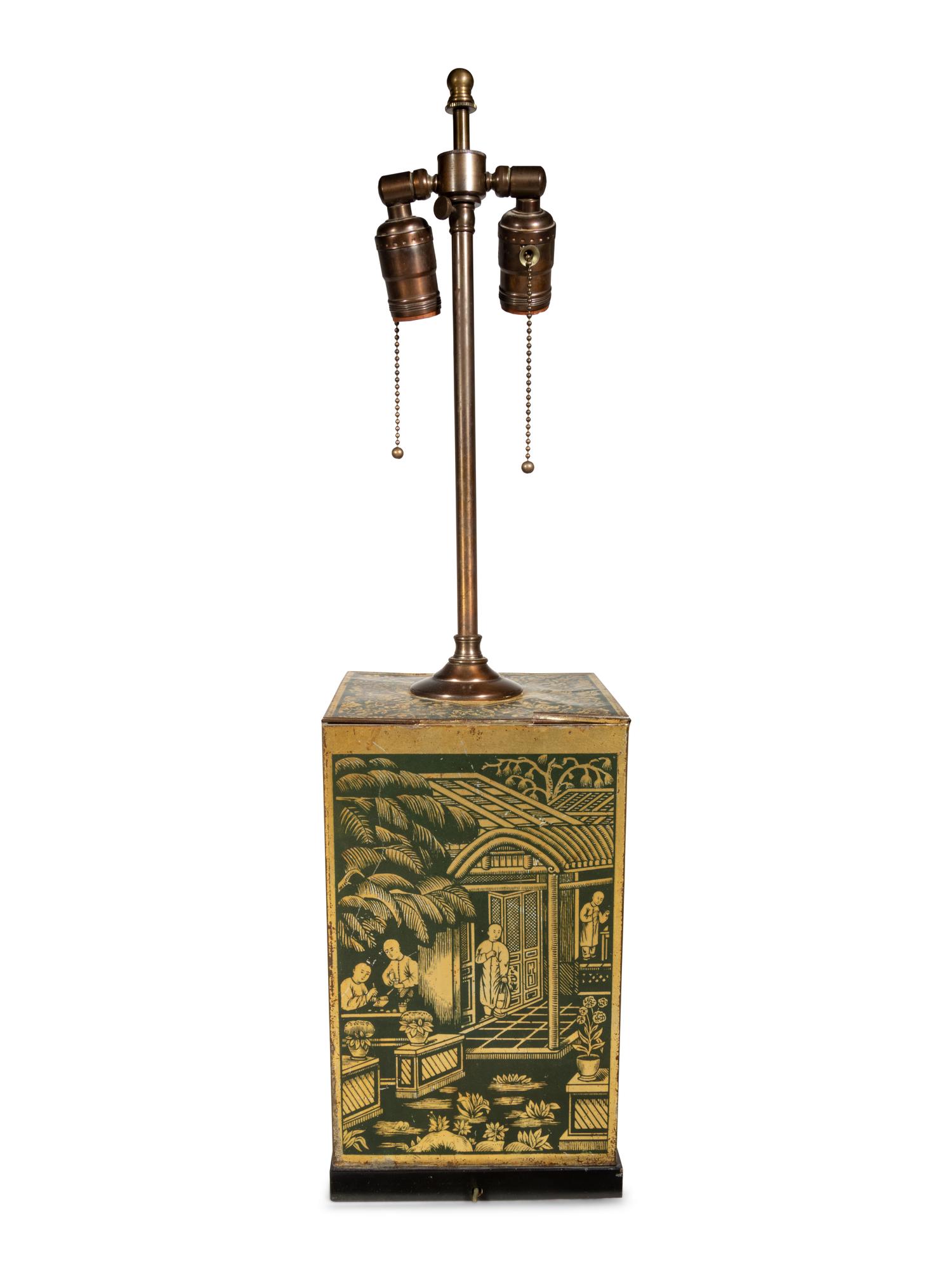 A Chinoiserie Decorated Tin Canister Mounted as a Lamp