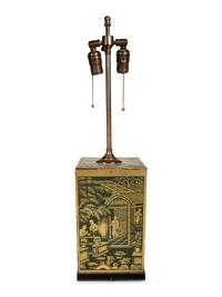 A Chinoiserie Decorated Tin Canister Mounted as a Lamp