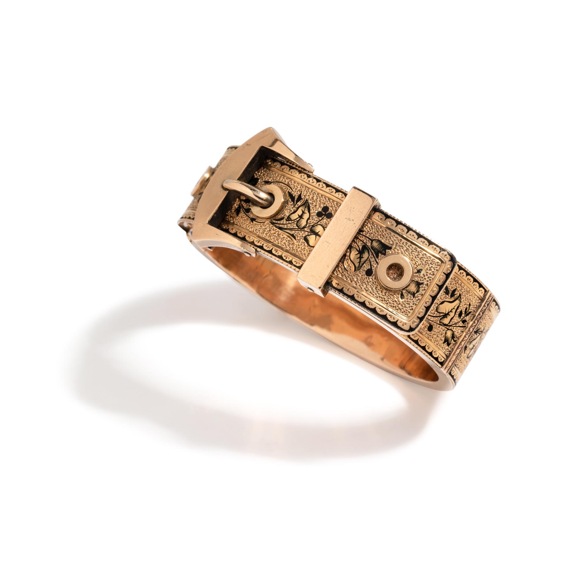 VICTORIAN, ROSE GOLD AND ENAMEL BUCKLE BANGLE BRACELET