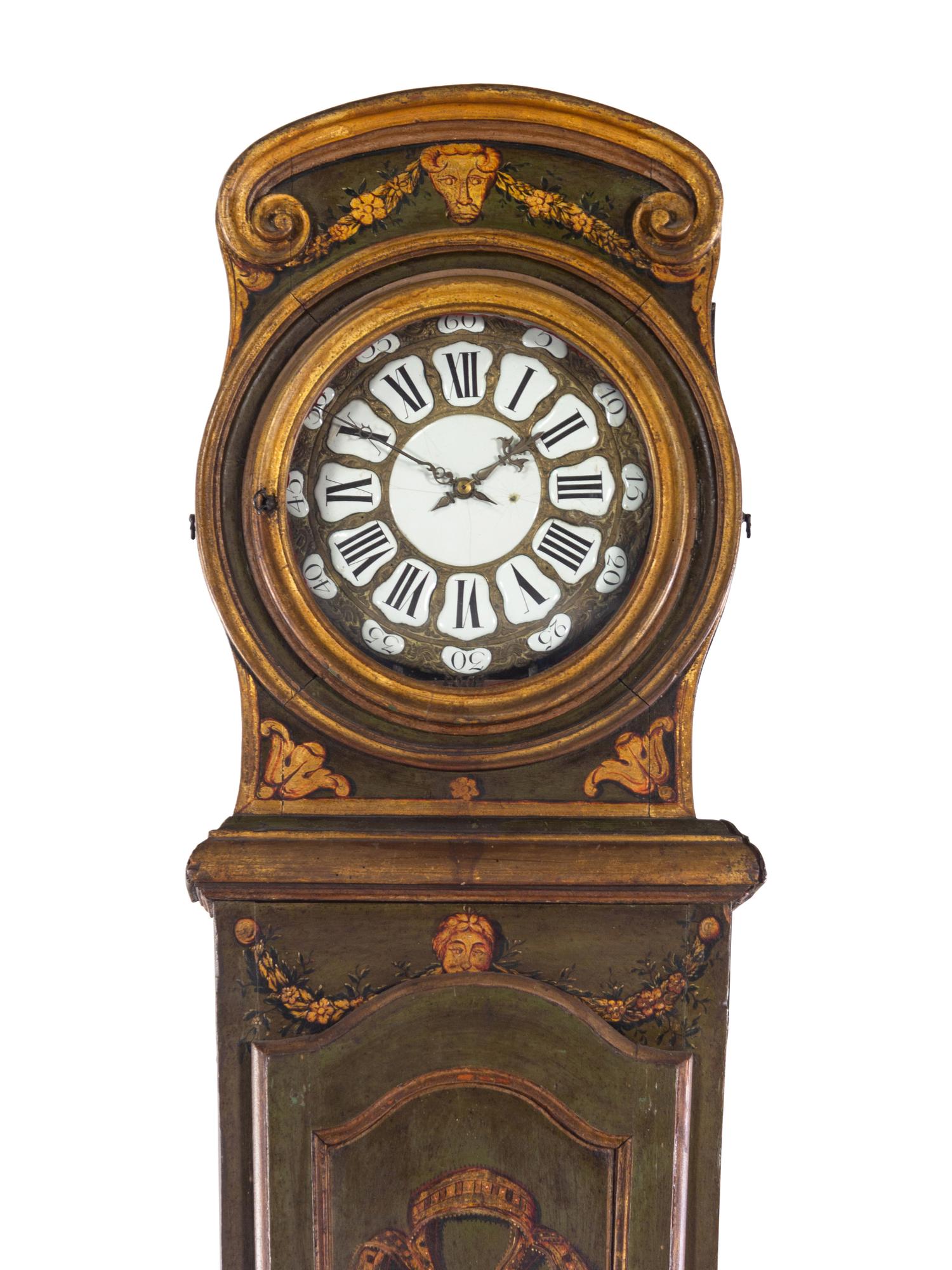 A Continental Painted and Parcel Gilt Tall Case Clock