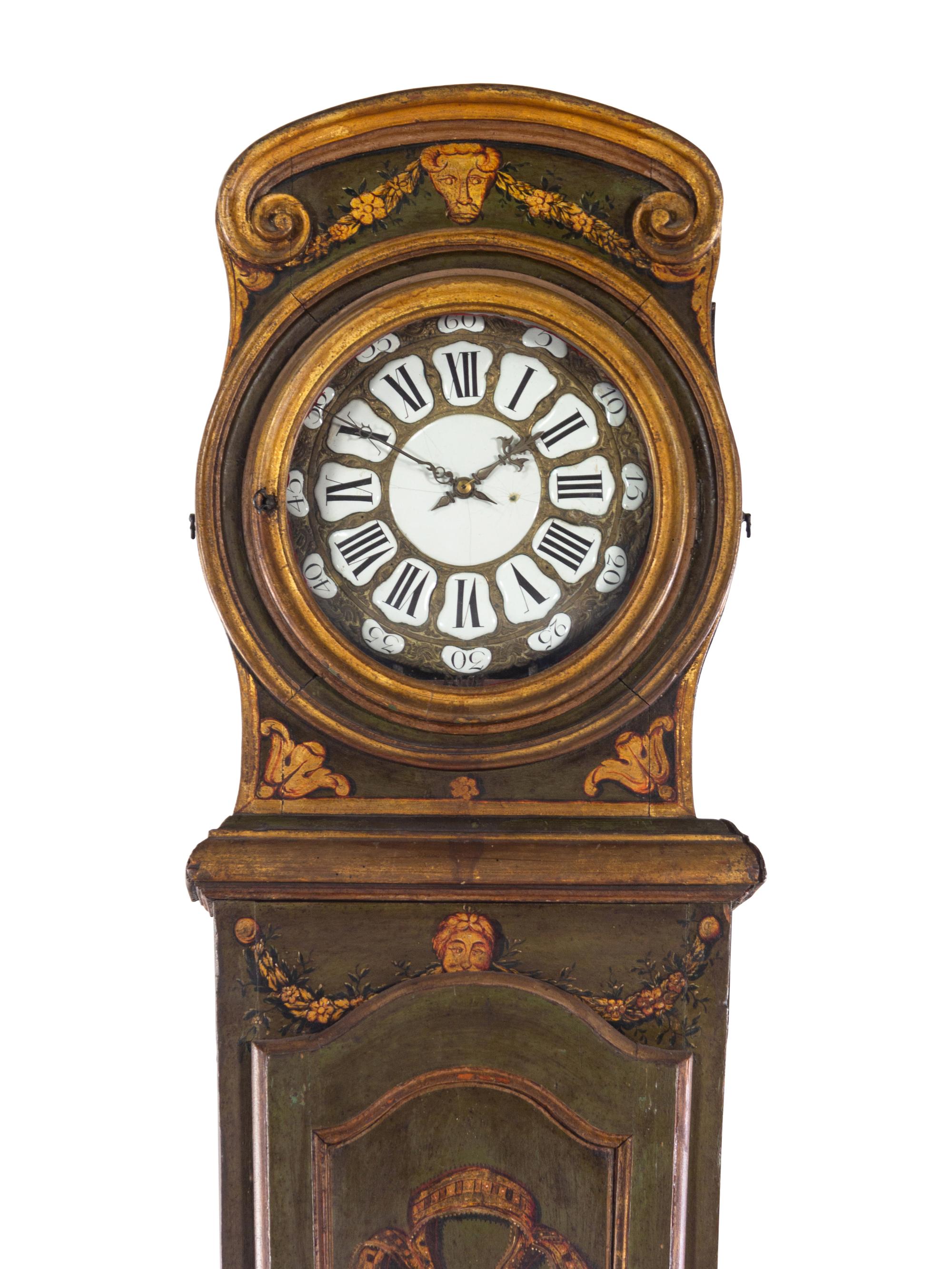 A Continental Painted and Parcel Gilt Tall Case Clock