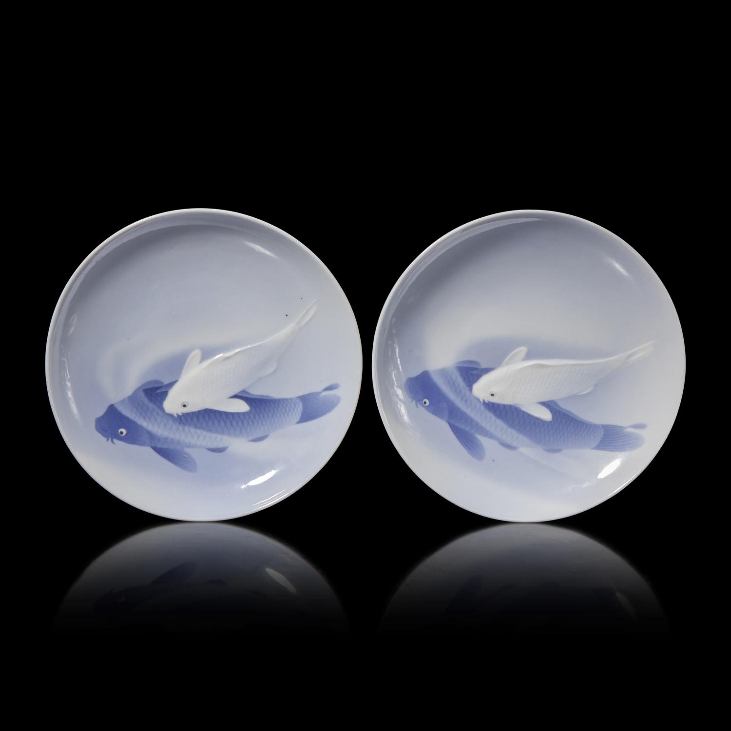 A Pair of Japanese Blue and White "Koi" Dishes, Signed, Meiji/Taisho Period