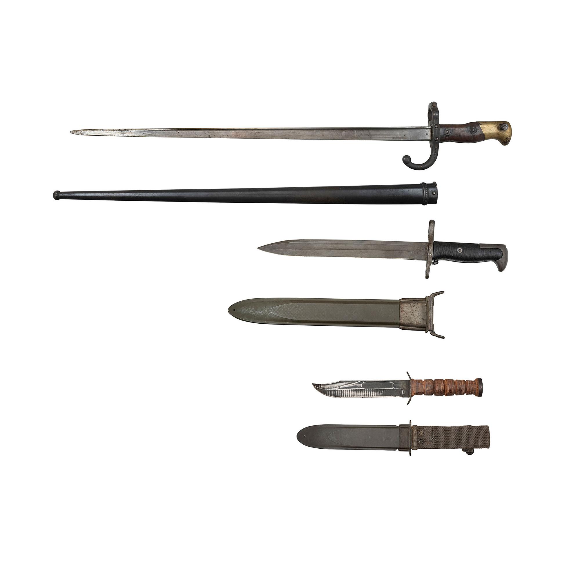 Lot of 3 Edged Weapons Including: French M1874 Gras Bayonet, US M1 Bayonet, Robeson USN Mk 2 Knife