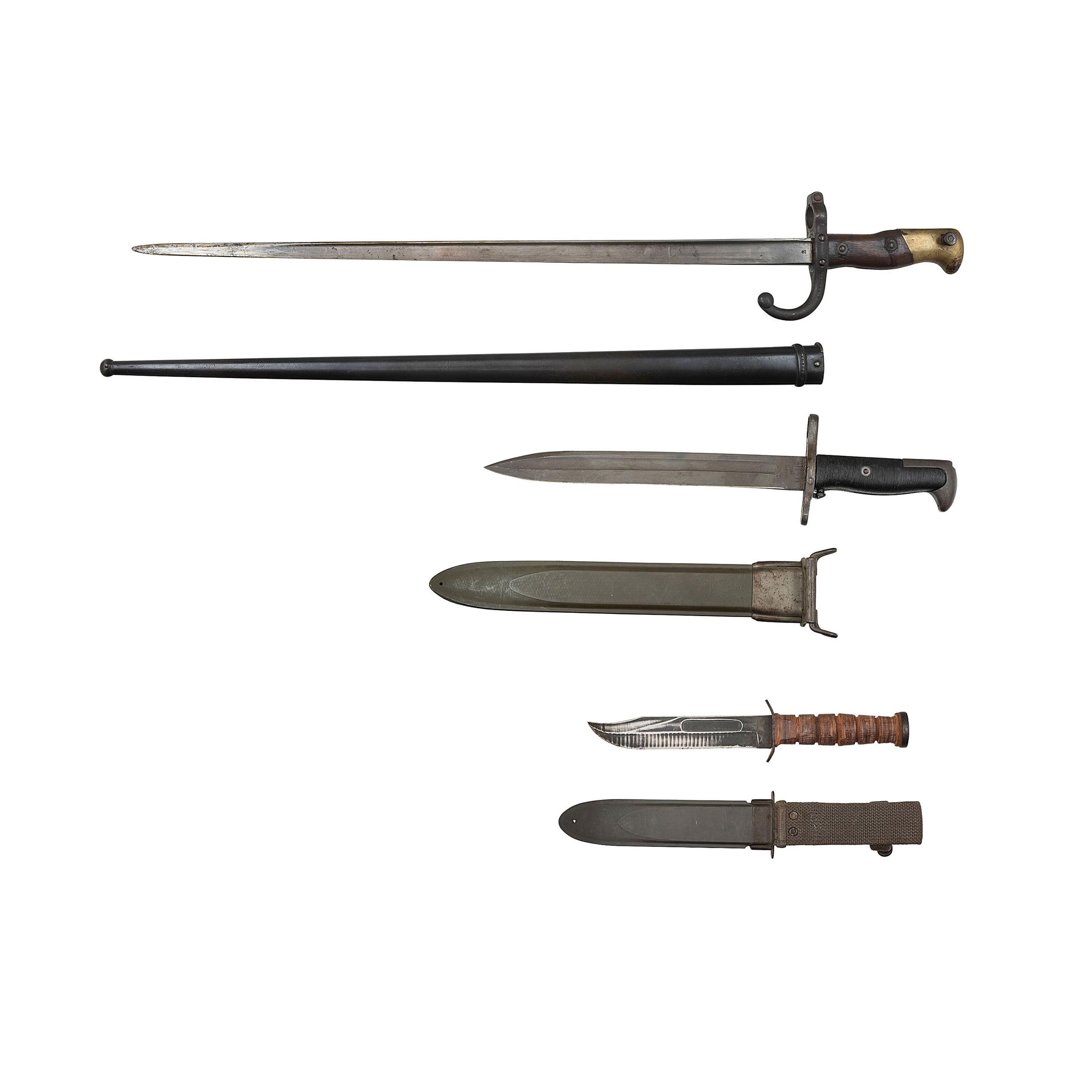 Lot of 3 Edged Weapons Including: French M1874 Gras Bayonet, US M1 Bayonet, Robeson USN Mk 2 Knife