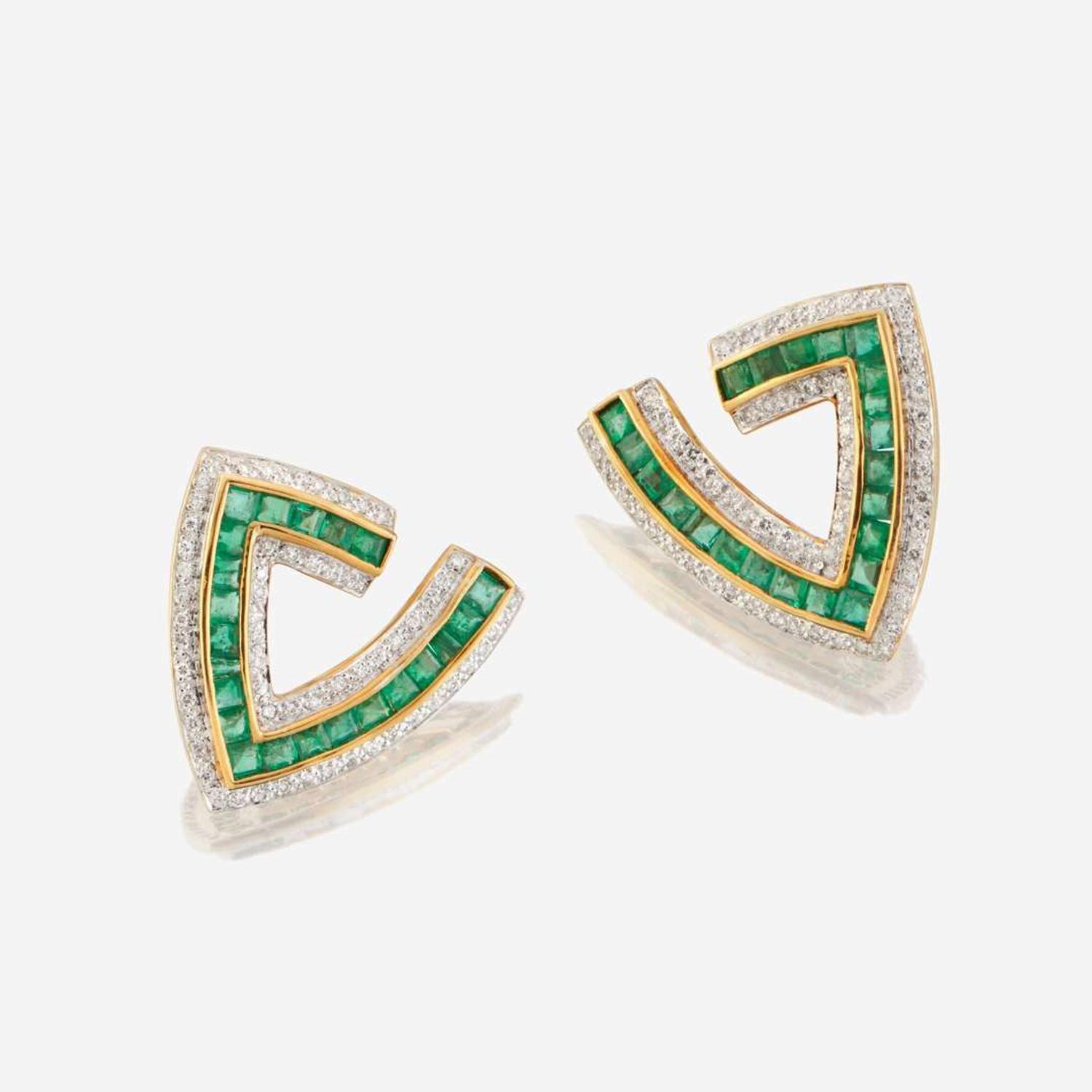 A pair of emerald, diamond, and gold earrings