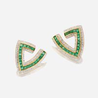 A pair of emerald, diamond, and gold earrings