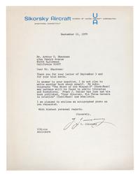 SIKORSKY, Igor Ivanovich (1889-1972). Typed letter Signed ("I. Sikorsky"). To Arthur O. Shackman, North Hollywood California, 11 September 1970.
