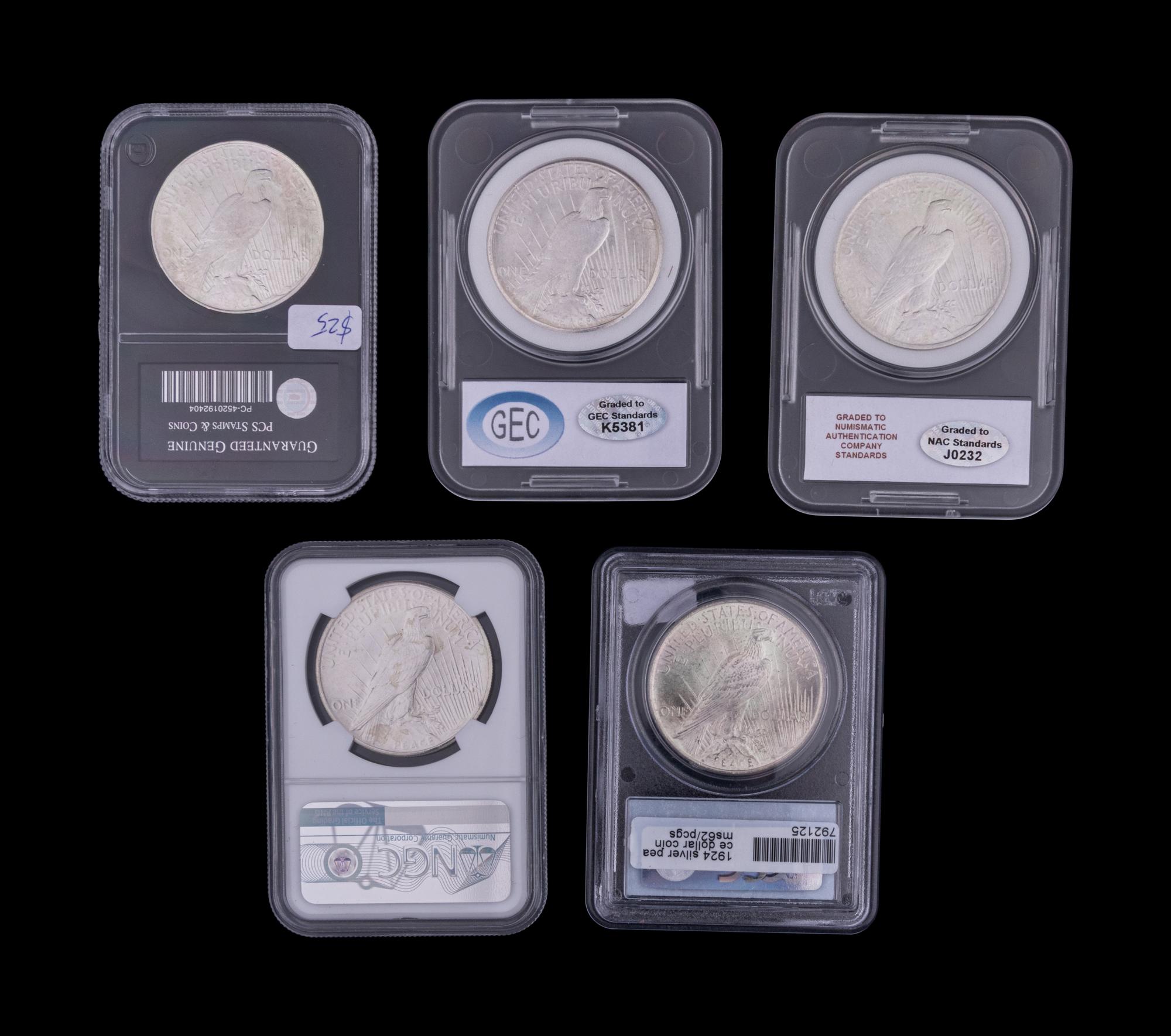 Five 1924 Peace $1 Coins