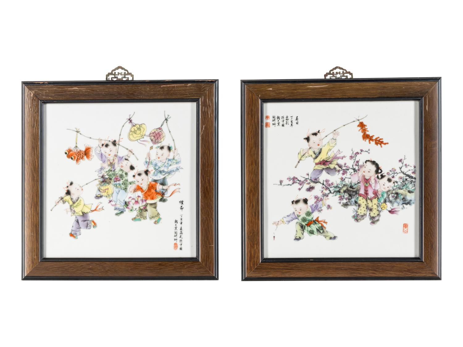 A Pair of Chinese Enameled Porcelain Hanging Panels