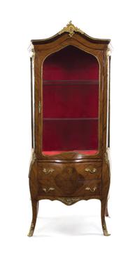 A Louis XV Style Walnut and Gilt Bronze Mounted Vitrine, Height 73 1/2 x width 36 x depth 16 inches.