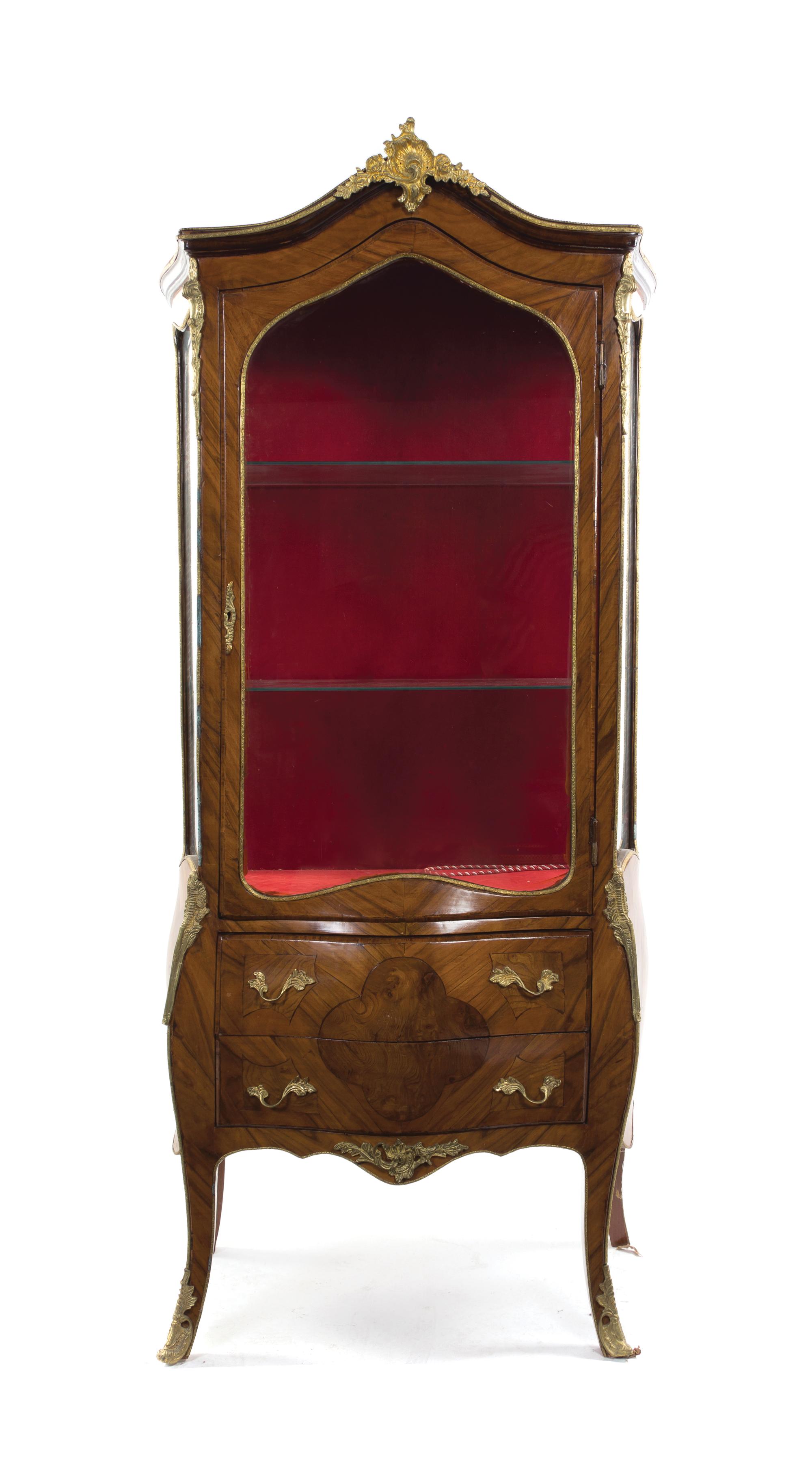 A Louis XV Style Walnut and Gilt Bronze Mounted Vitrine, Height 73 1/2 x width 36 x depth 16 inches.