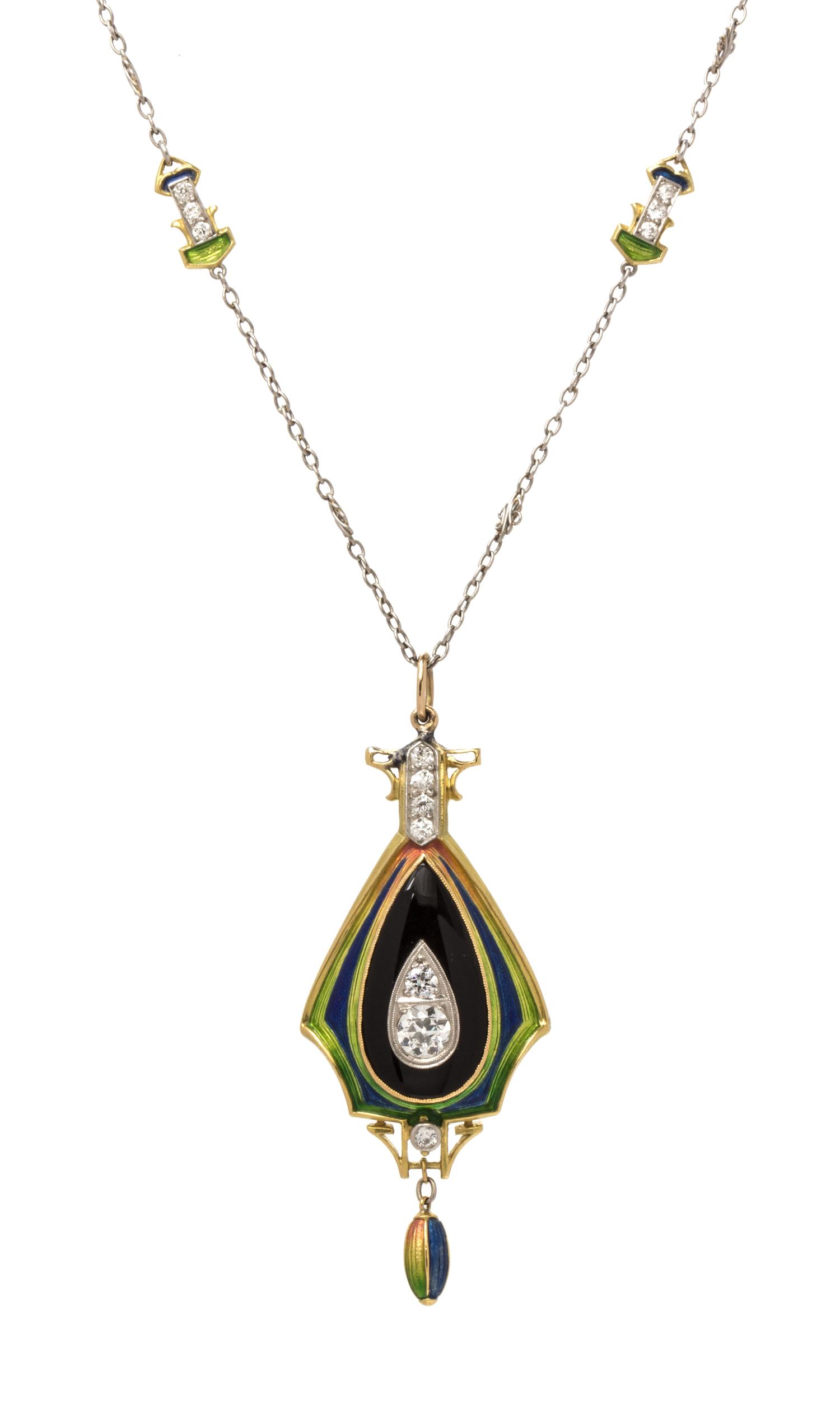 An Art Nouveau Yellow Gold, Platinum, Diamond, Onyx and Polychrome Enamel Pendant Necklace, 7.10 dwts.
