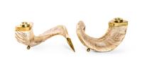 A Near Pair of English Brass Mounted Ram's Horn Candlesticks, Width of wider 8 1/2 inches.