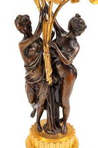 A Pair of Continental Gilt and Patinated Bronze Figural Candelabra