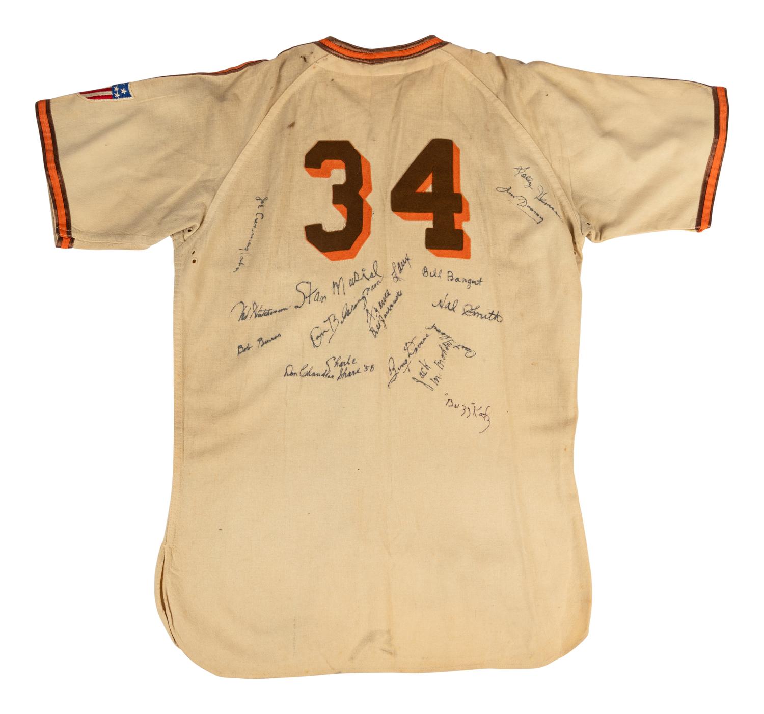 An Authentic 1943 Zack Taylor St. Louis Browns Multi Signed Autograph Baseball Jersey Including George Sisler, Stan Musial and Harry Caray Autos,