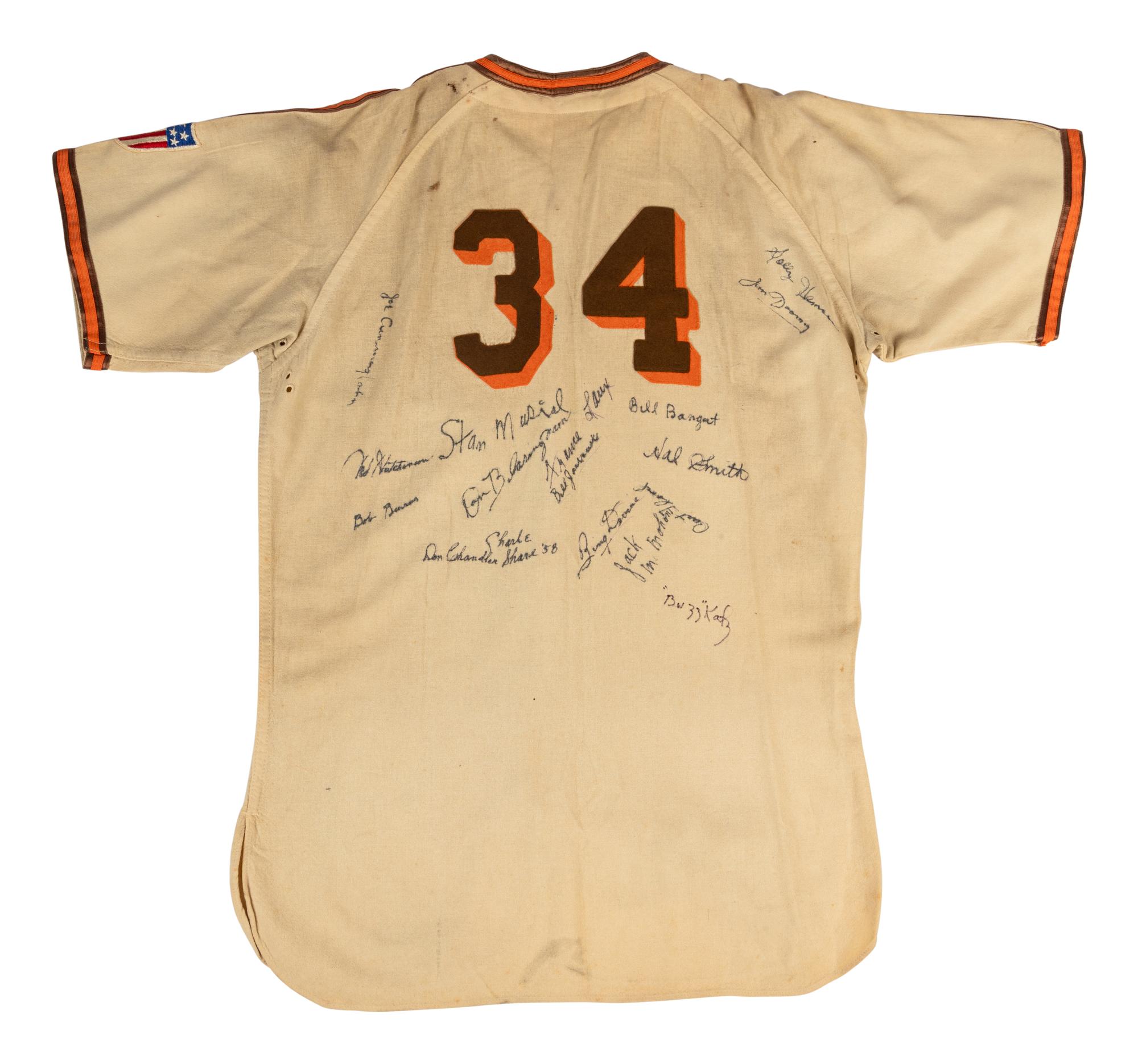 An Authentic 1943 Zack Taylor St. Louis Browns Multi Signed Autograph Baseball Jersey Including George Sisler, Stan Musial and Harry Caray Autos,