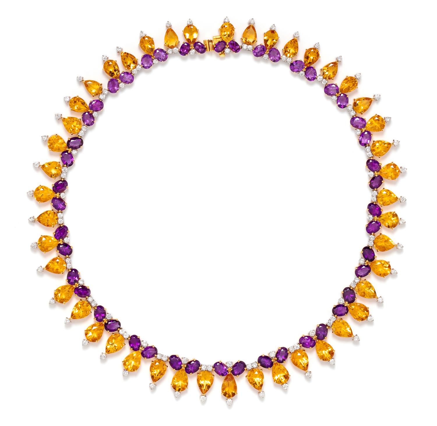 An 18 Karat Yellow Gold, Citrine, Amethyst, and Diamond Necklace, 51.00 dwts.