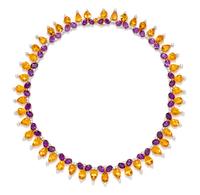 An 18 Karat Yellow Gold, Citrine, Amethyst, and Diamond Necklace, 51.00 dwts.