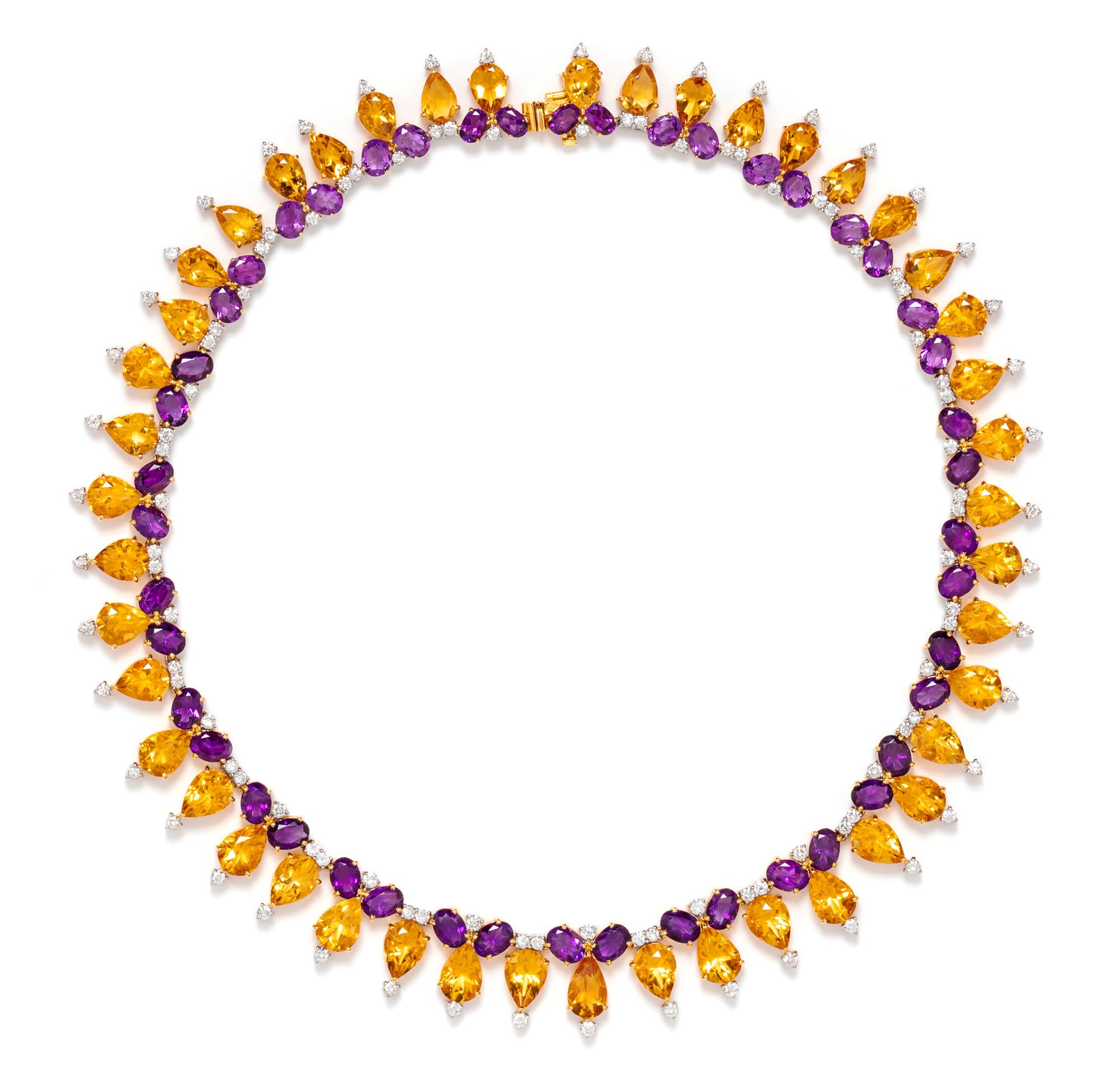 An 18 Karat Yellow Gold, Citrine, Amethyst, and Diamond Necklace, 51.00 dwts.