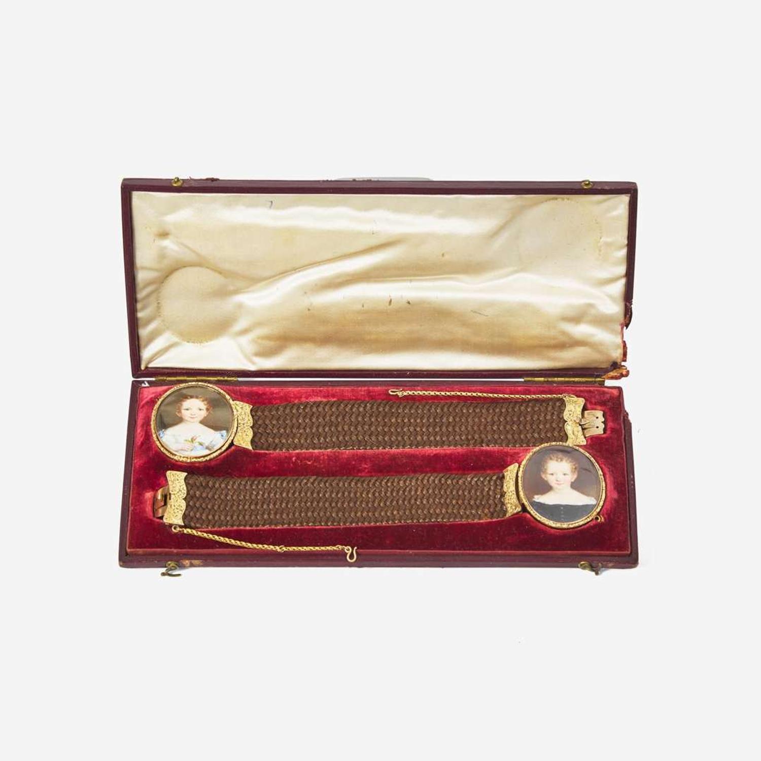 Attributed to William Egley (English, 1798-1878) A pair of hairwork bracelets with portrait miniatures of children, circa 1840