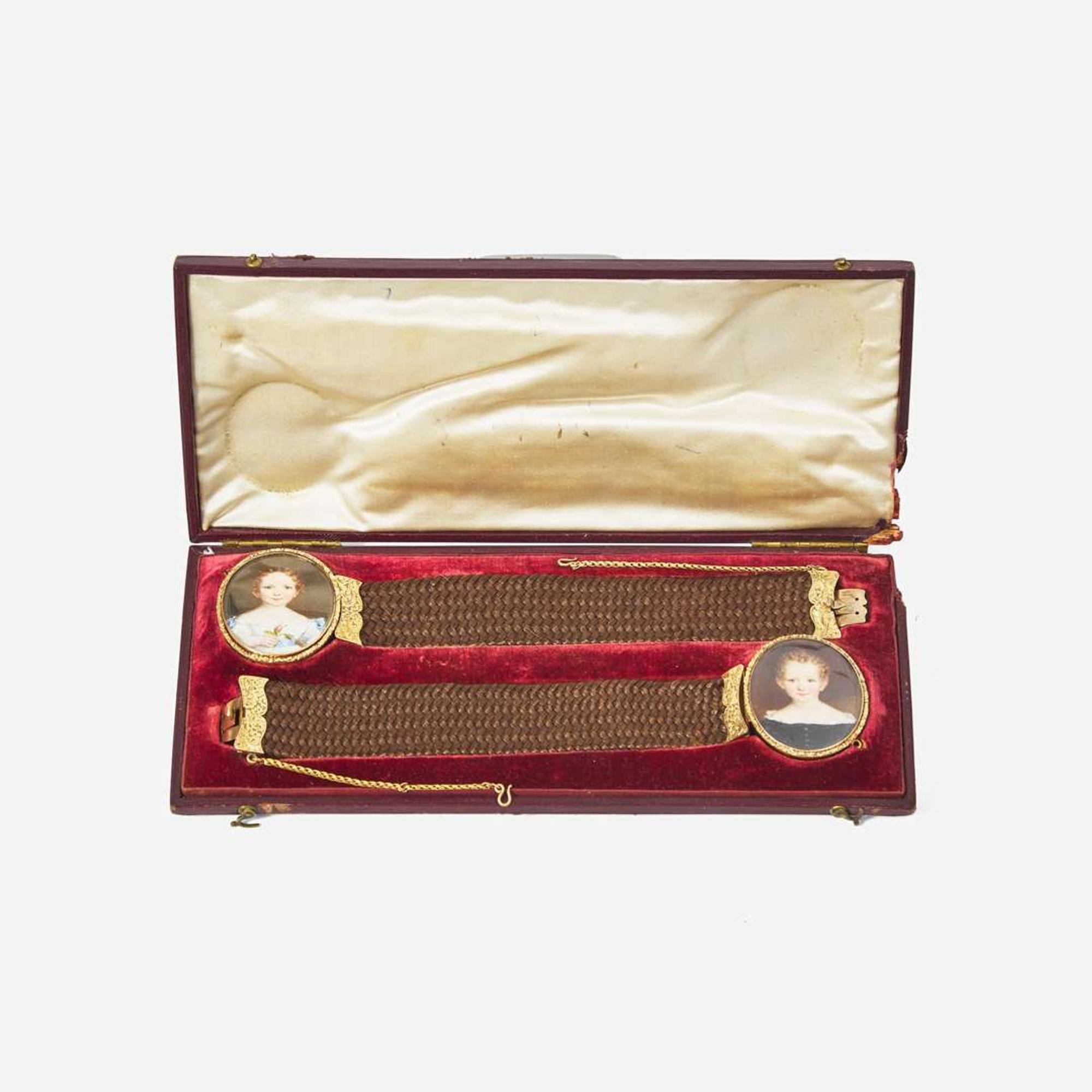 Attributed to William Egley (English, 1798-1878) A pair of hairwork bracelets with portrait miniatures of children, circa 1840