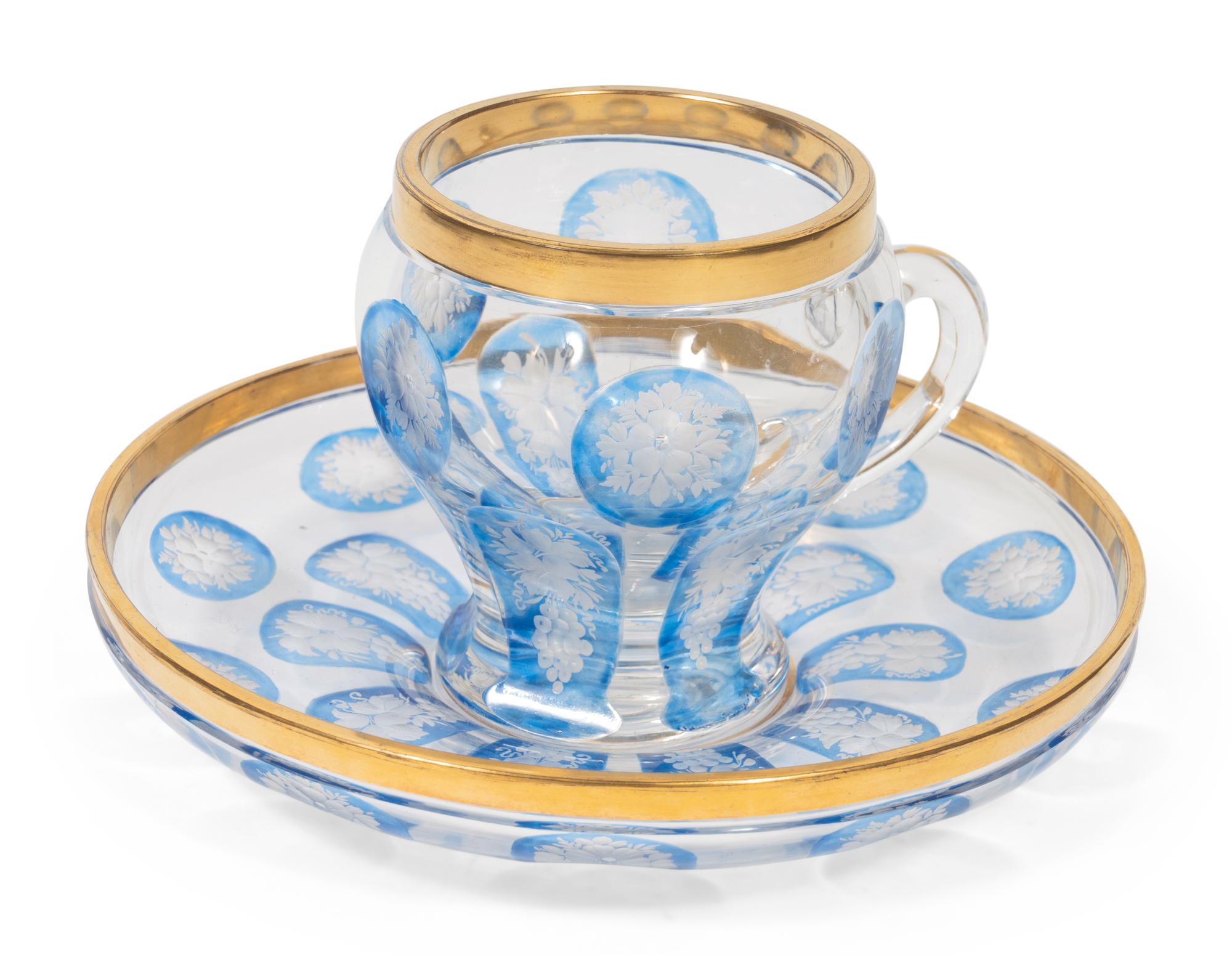 A Bohemian Cobalt Cut-to-Clear Glass Teacup and Saucer