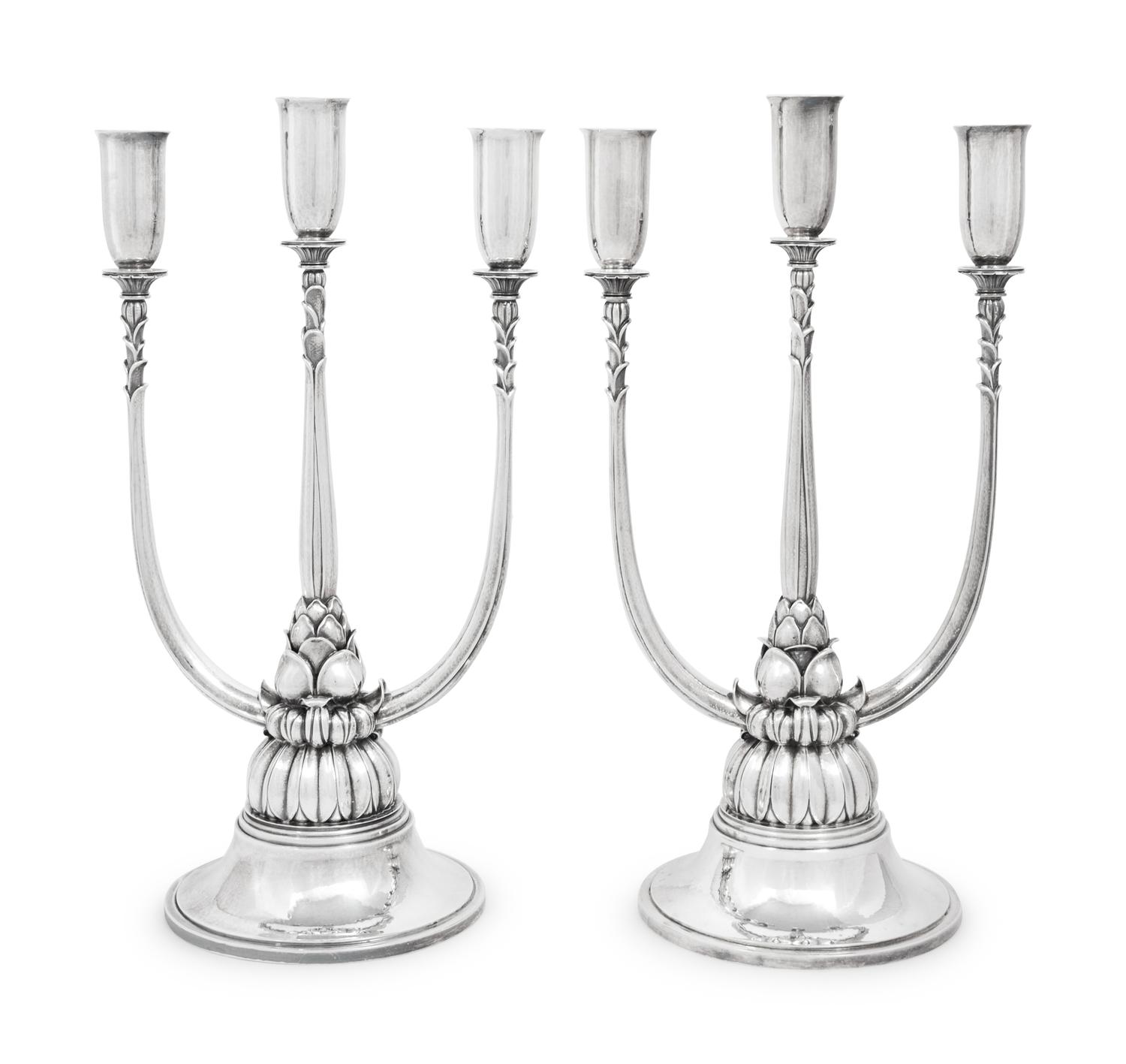 A Pair of Harald Nielsen for Georg Jensen Silver Three-Light Candelabra