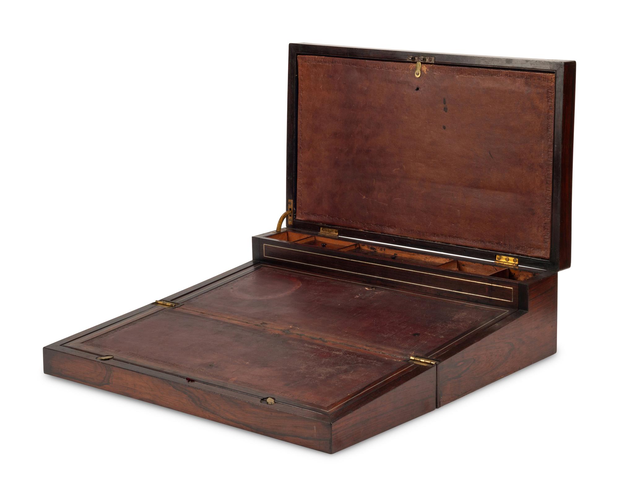 A Victorian Pewter, Rosewood and Mother-of-Pearl Inlaid Rosewood Writing Box