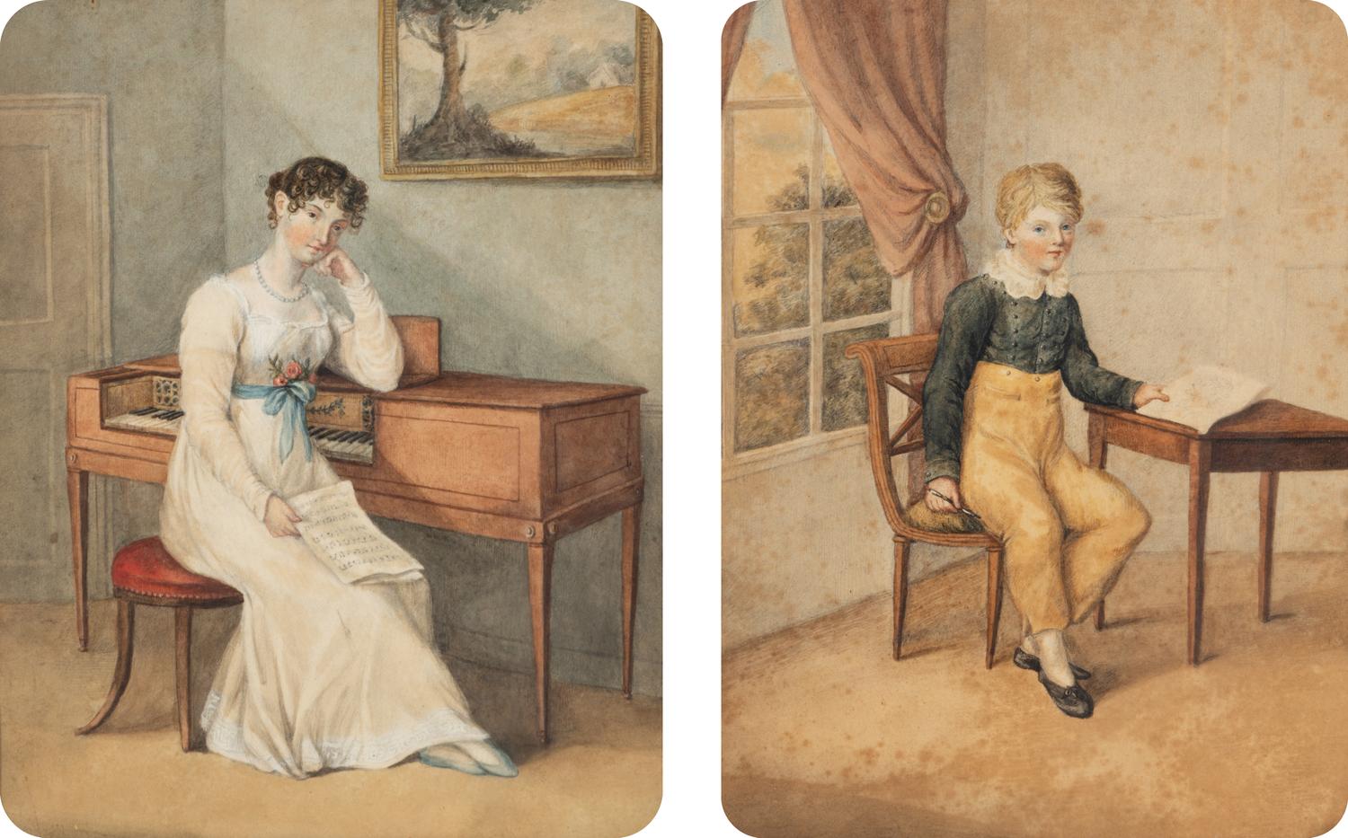 A Pair of English Watercolor and Gouache Portraits