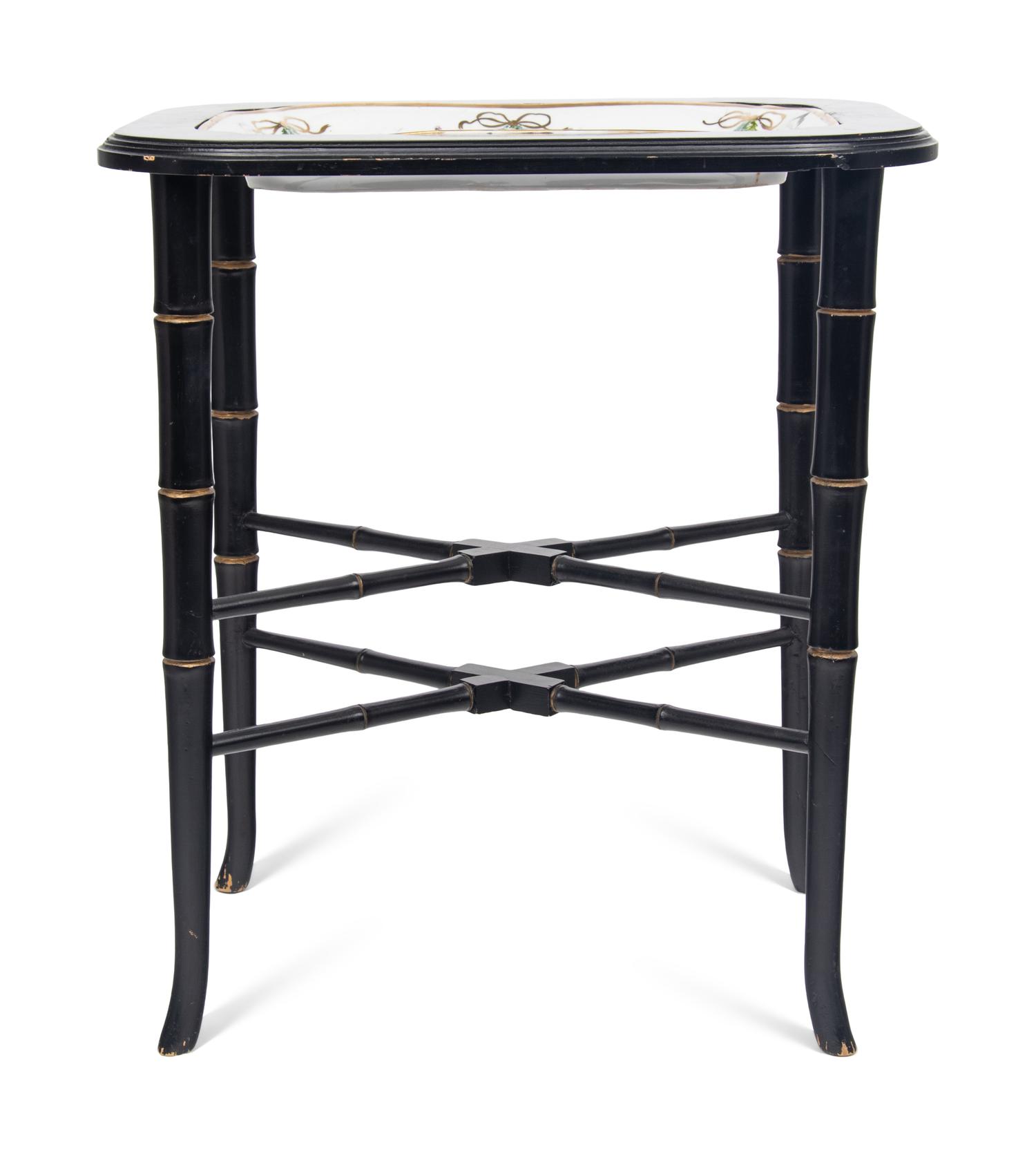 A German Porcelain Tray Set in a Later Ebonized Side Table