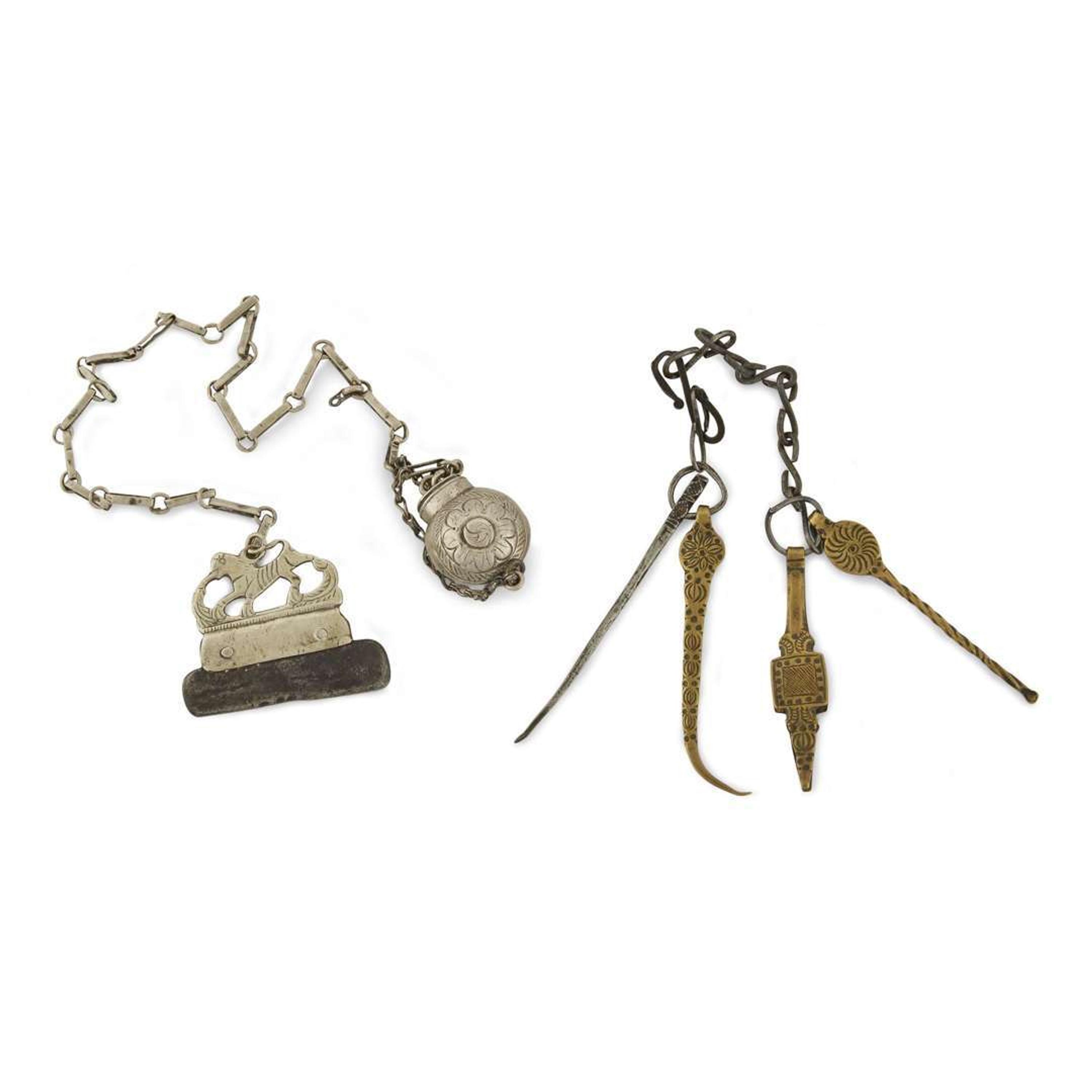 Two silver, brass, and iron chatelaines Possibly Spanish Colonial, 18th/19th century