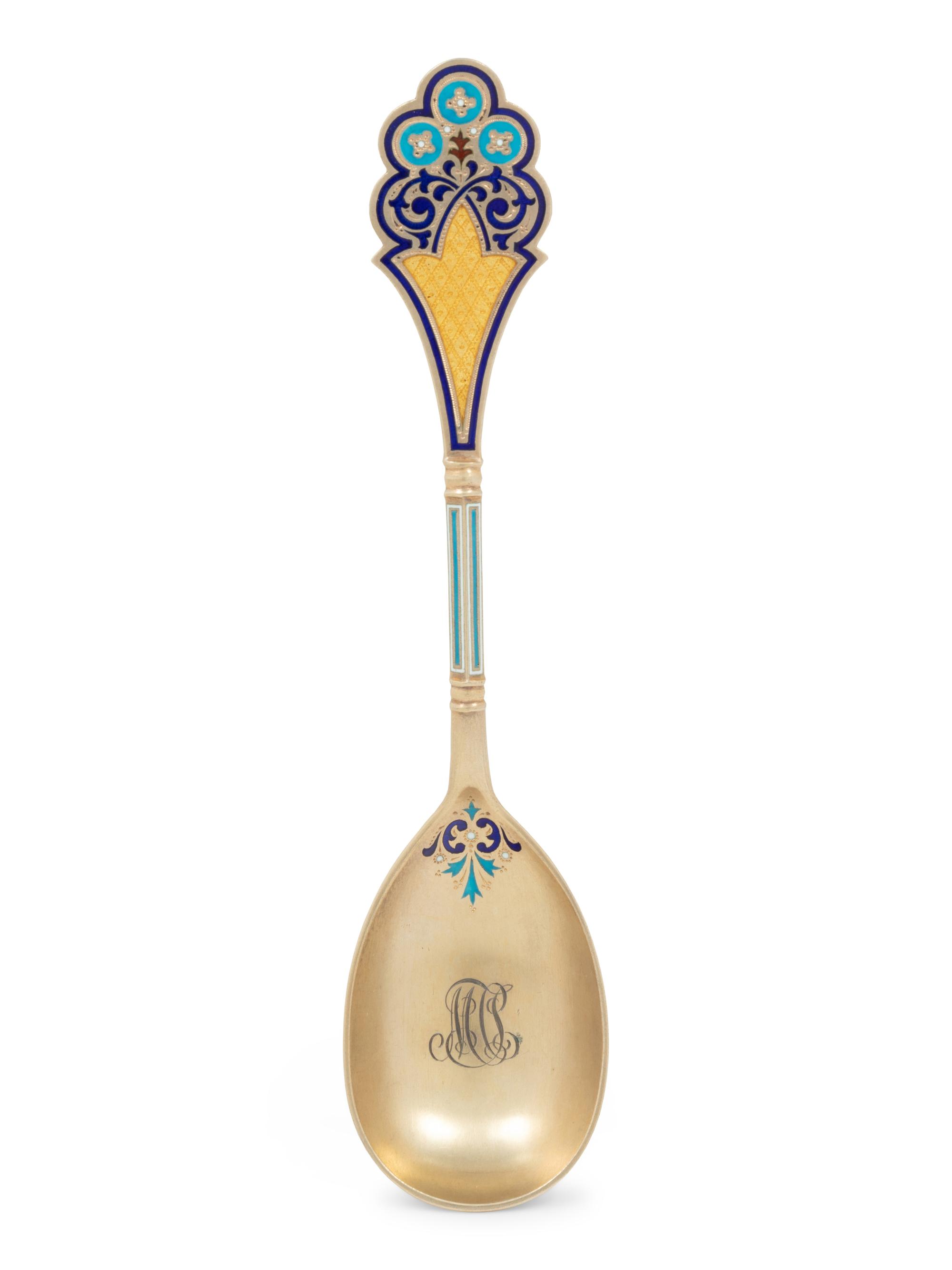 A Russian Guilloché Enameled Silver Spoon