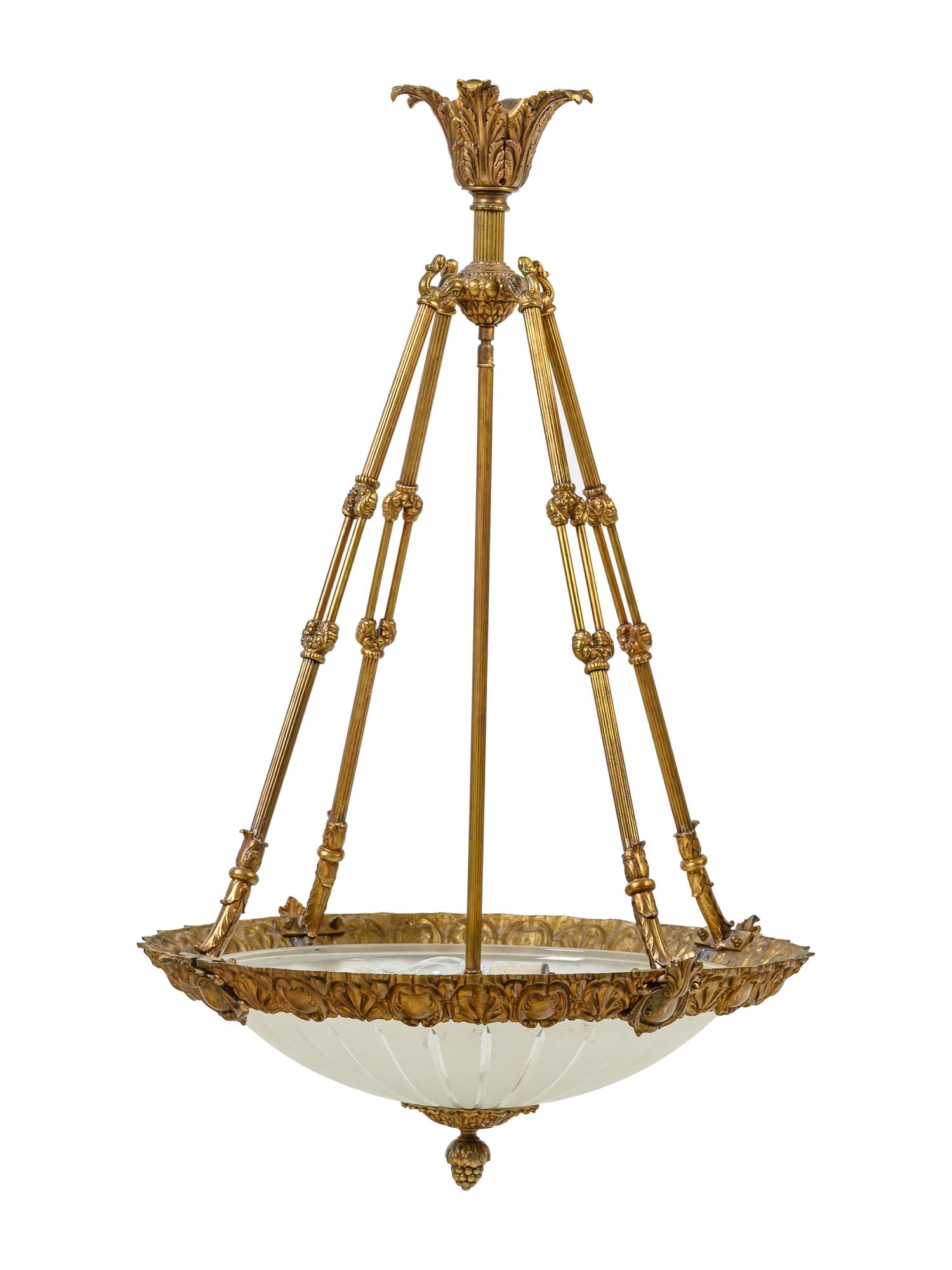 A Neoclassical Style Gilt Metal and Frosted Glass Hanging Fixture