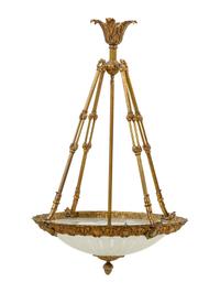 A Neoclassical Style Gilt Metal and Frosted Glass Hanging Fixture