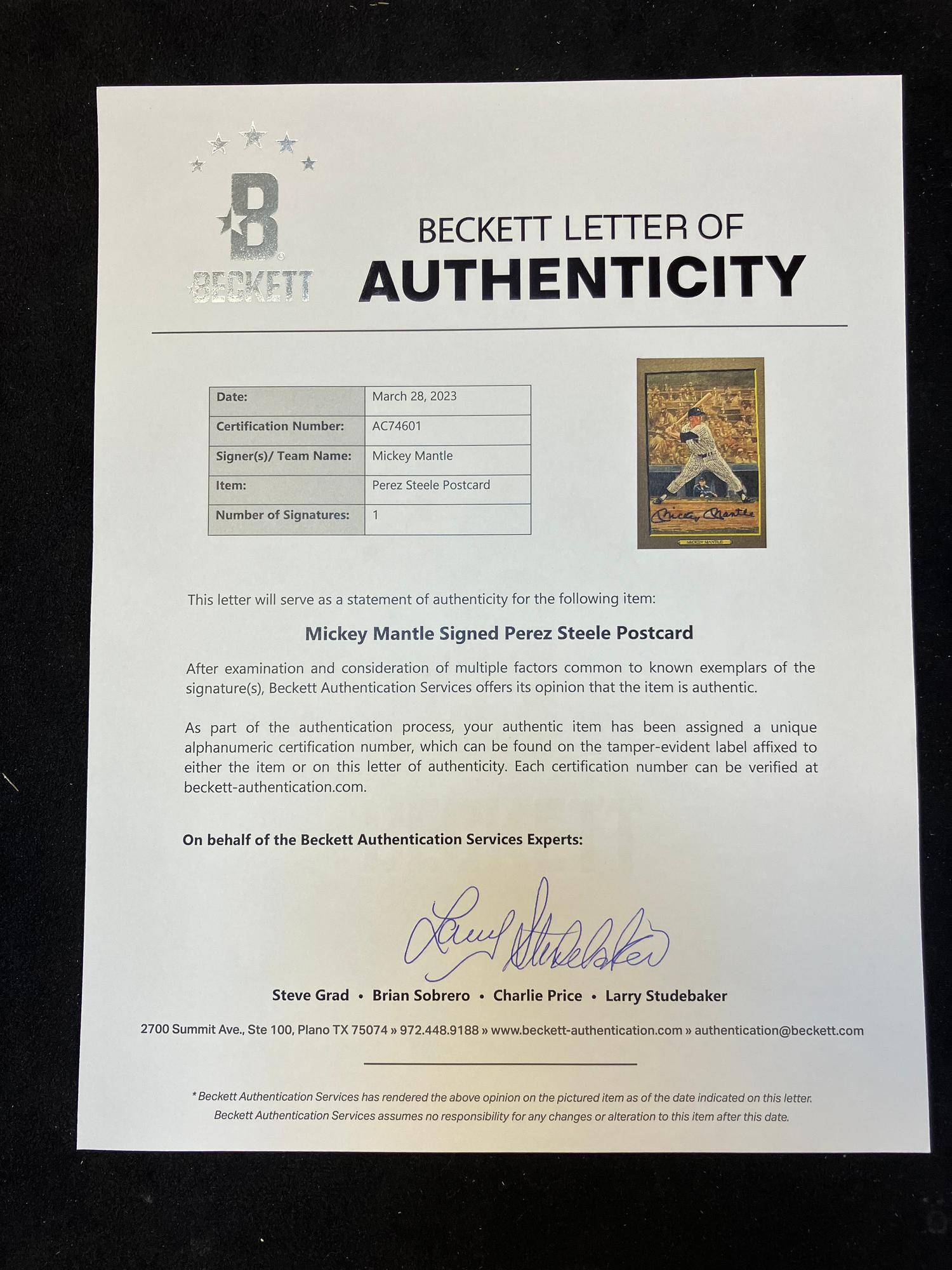 A Mickey Mantle Signed Autograph Perez-Steele Great Moments Card (Beckett Authentication Services Letter),