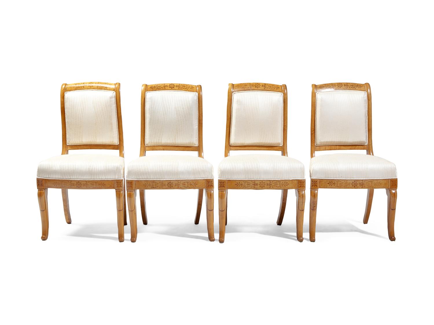 A Set of Four Charles X Amaranth-Inlaid Satinwood Dining Chairs