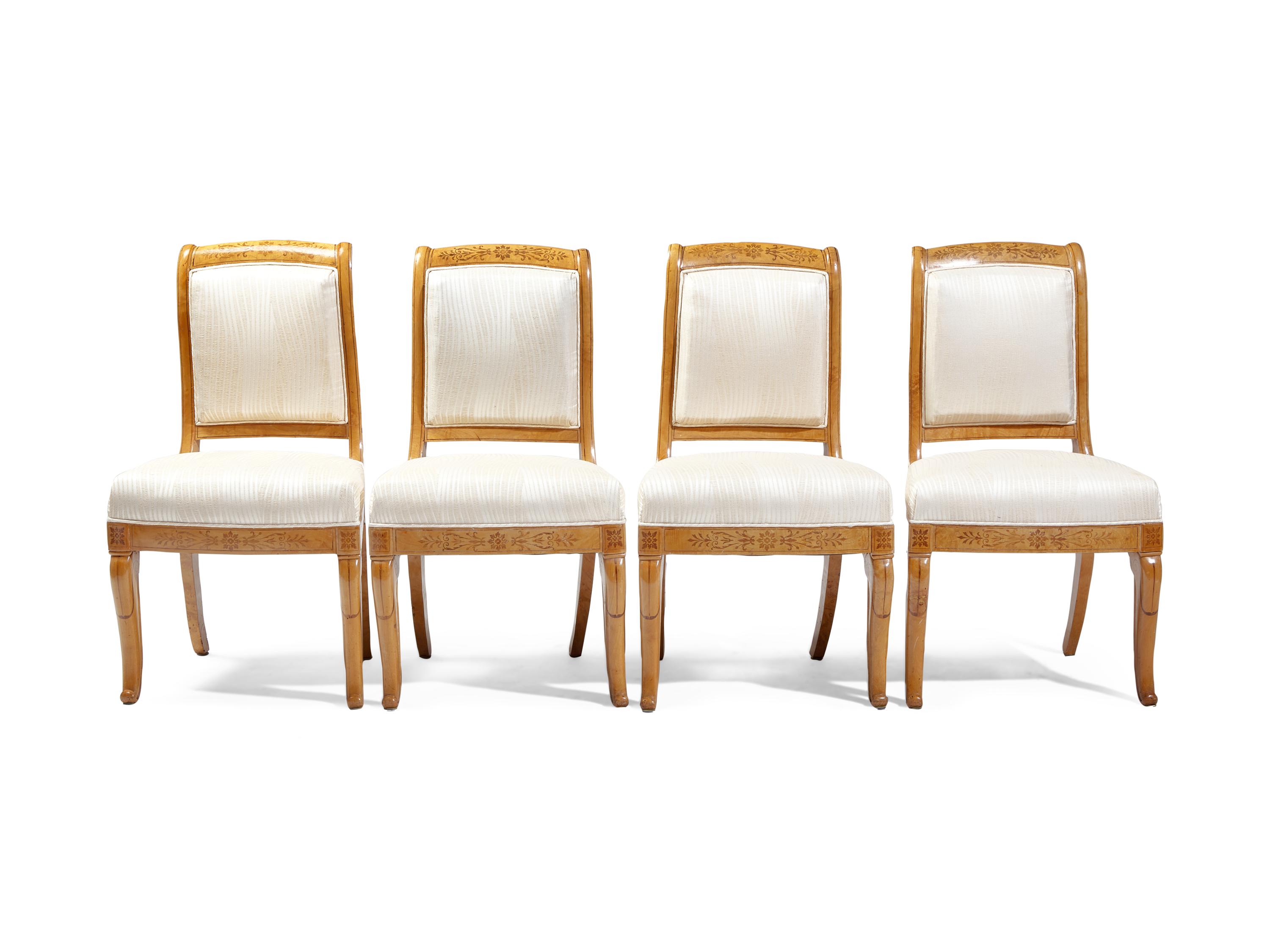A Set of Four Charles X Amaranth-Inlaid Satinwood Dining Chairs