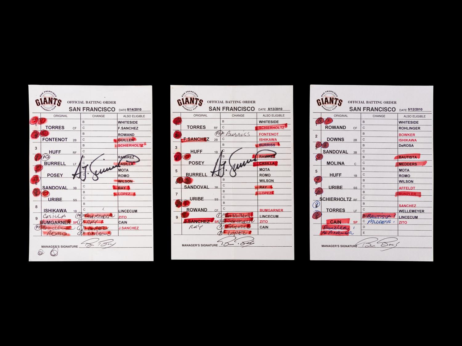 A Group of Three 2010 World Series Champion San Francisco Giants Umpire Lineup Cards from The Collection of Baseball Hall of Famer Ted Simmons,