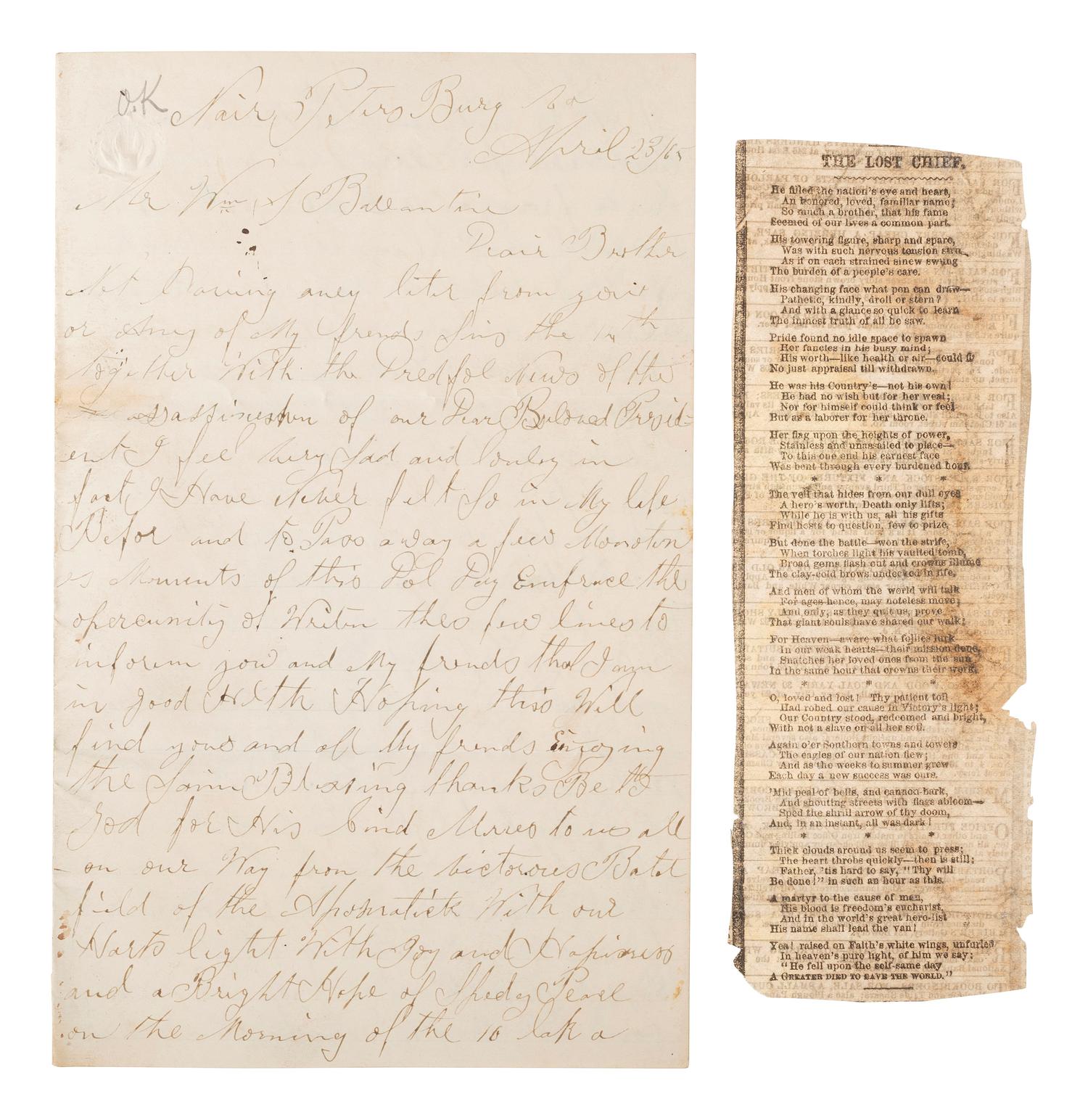 [CIVIL WAR]. Manuscript archive of Sergeant Hamilton Ballentine (1833-1920), Co. K, 6th Pennsylvania Cavalry, "Rush's Lancers," featuring battle content from key engagements and descriptions of "Sheridan's Raiders."