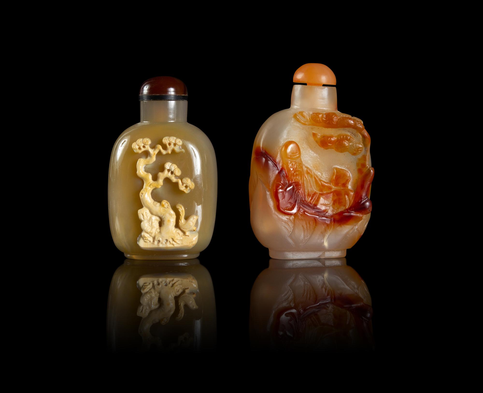 Two Chinese Carved Agate Snuff Bottles