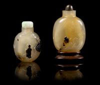 Two Agate Snuff Bottles SUZHOU SCHOOL, LIKELY 19TH CENTURY Height of taller 3 1/4 inches (with stand). — SUZHOU SCHOOL, LIKELY 19TH CENTURY