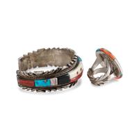 Silver and Cobblestone Inlay Cuff Bracelet and Ring Set