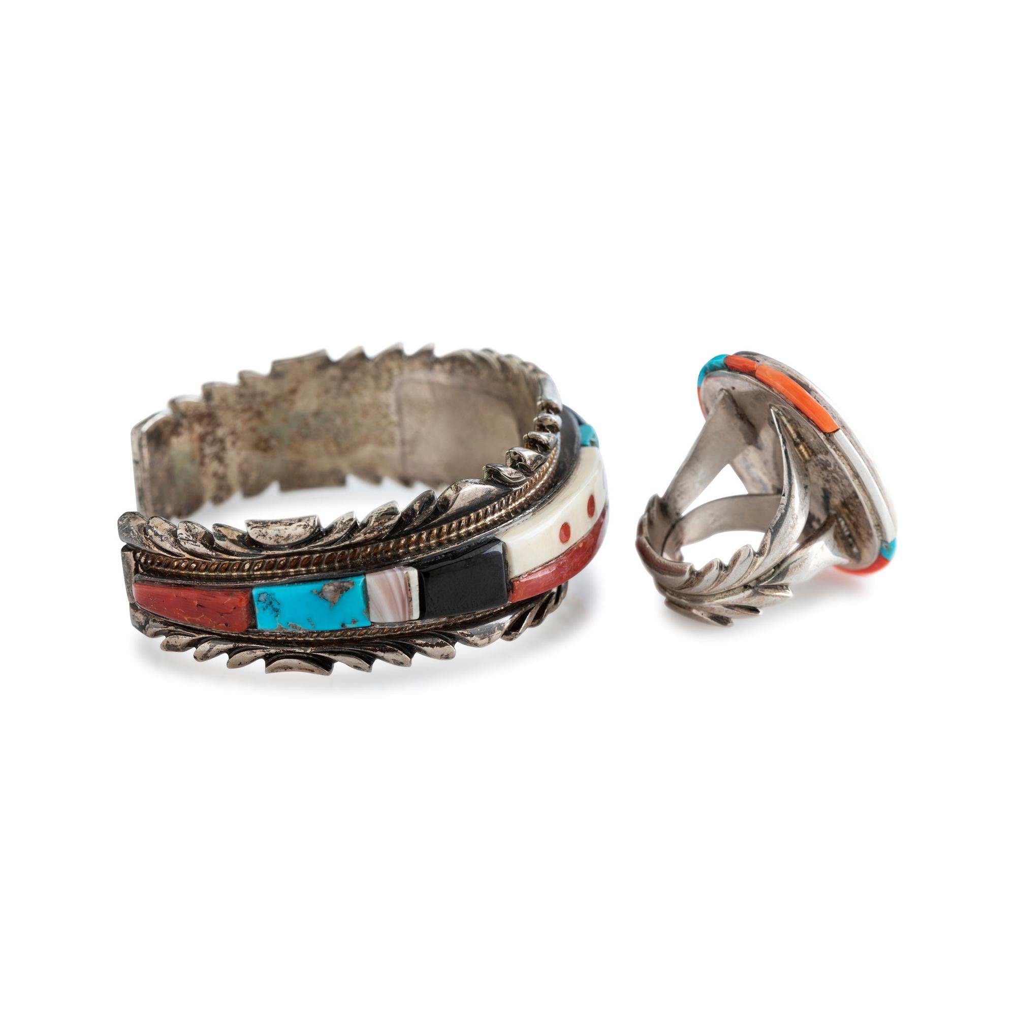Silver and Cobblestone Inlay Cuff Bracelet and Ring Set