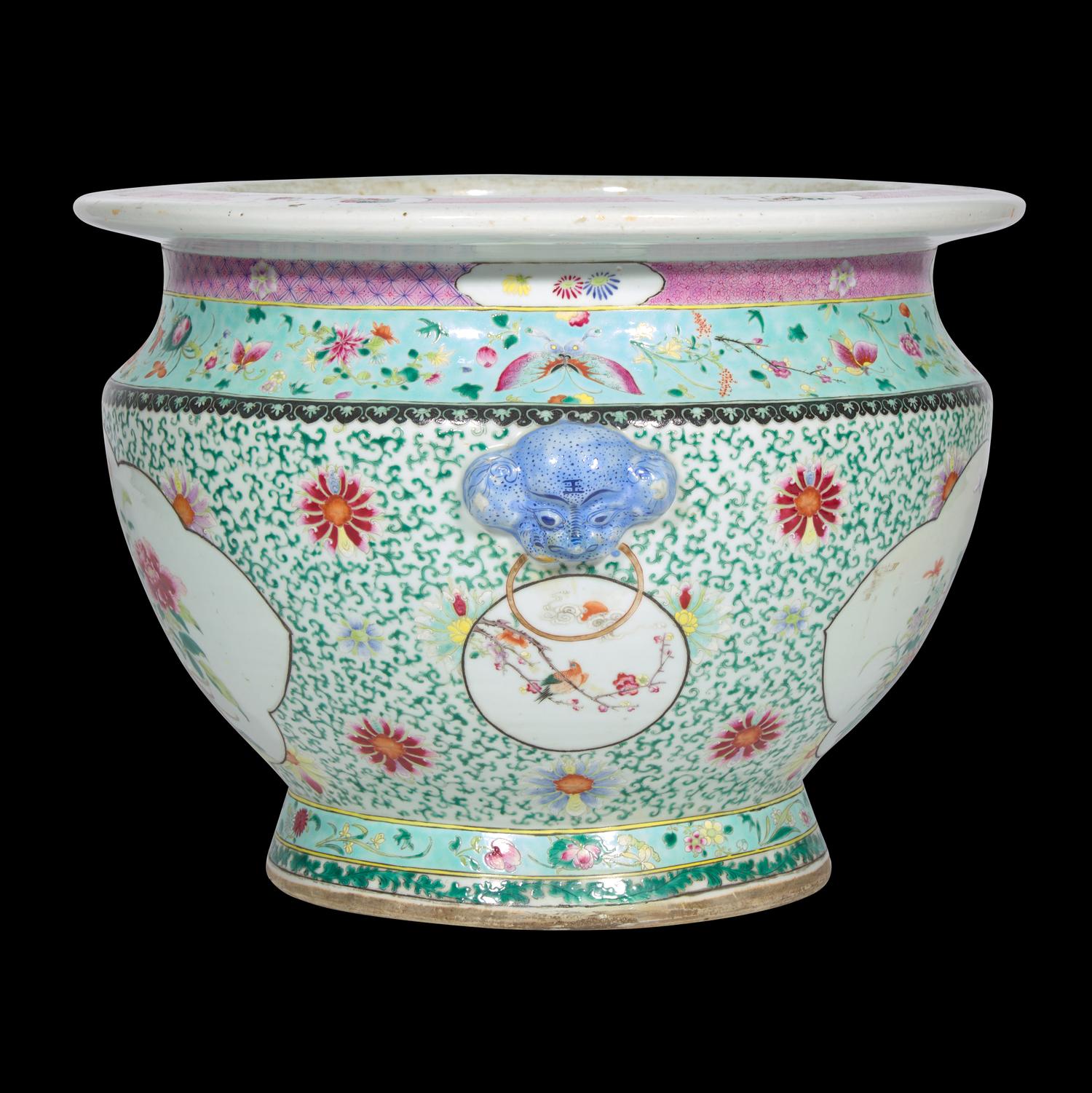 A Large Chinese Famille Rose 'Rooster and Peony' Porcelain Jardiniere 粉彩松石綠地開光牡丹雄鷄圖畫缸