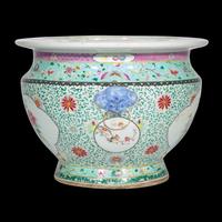 A Large Chinese Famille Rose 'Rooster and Peony' Porcelain Jardiniere 粉彩松石綠地開光牡丹雄鷄圖畫缸
