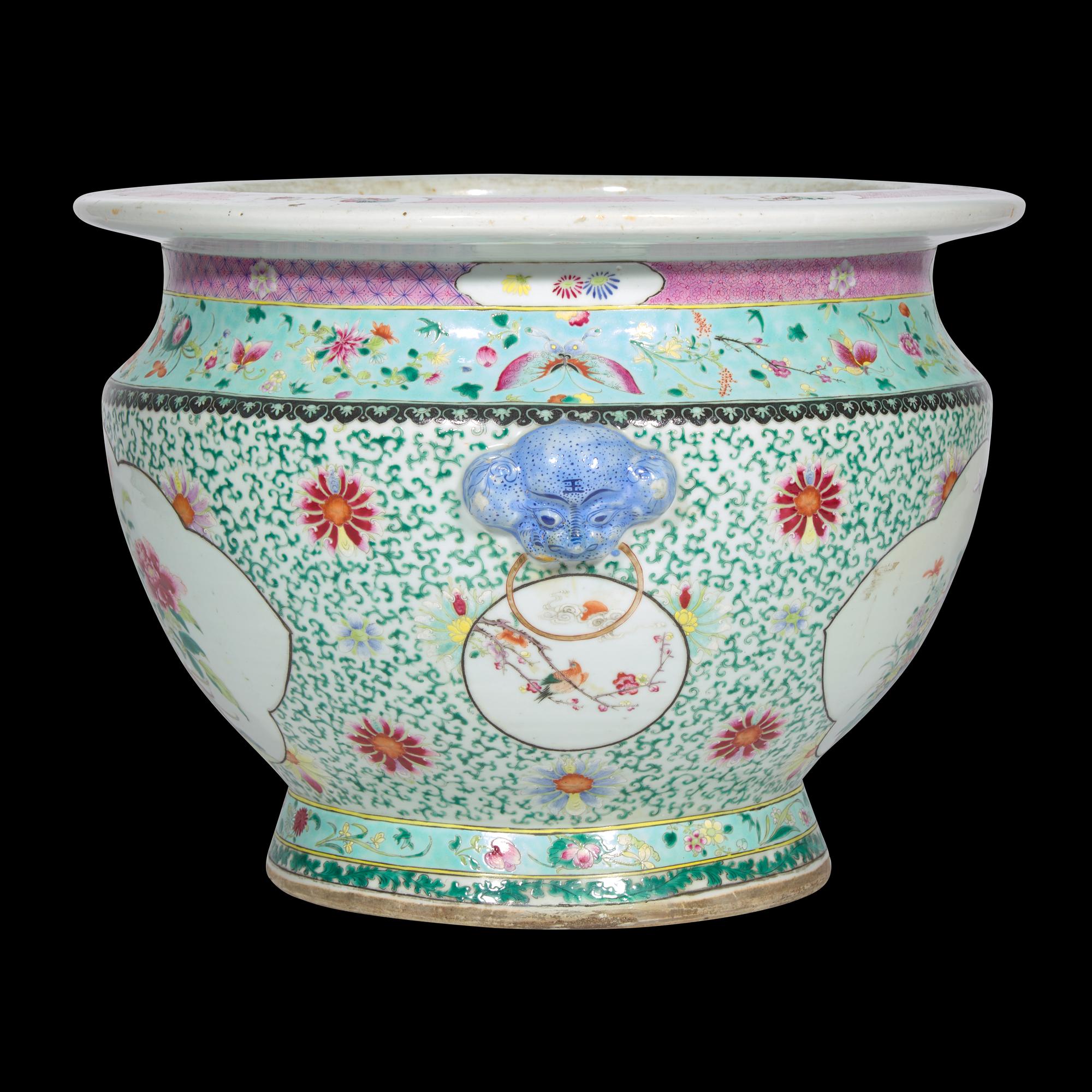 A Large Chinese Famille Rose 'Rooster and Peony' Porcelain Jardiniere 粉彩松石綠地開光牡丹雄鷄圖畫缸