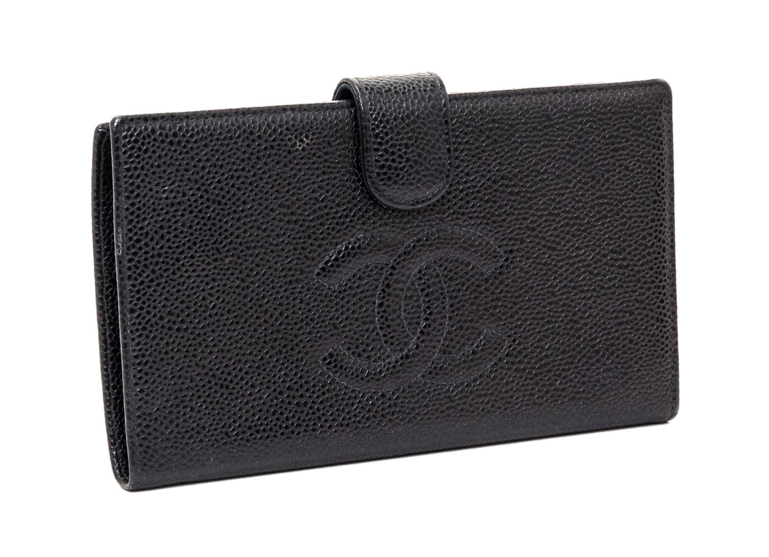 A Chanel Black Caviar Leather Wallet, 7" x 4" x .5".