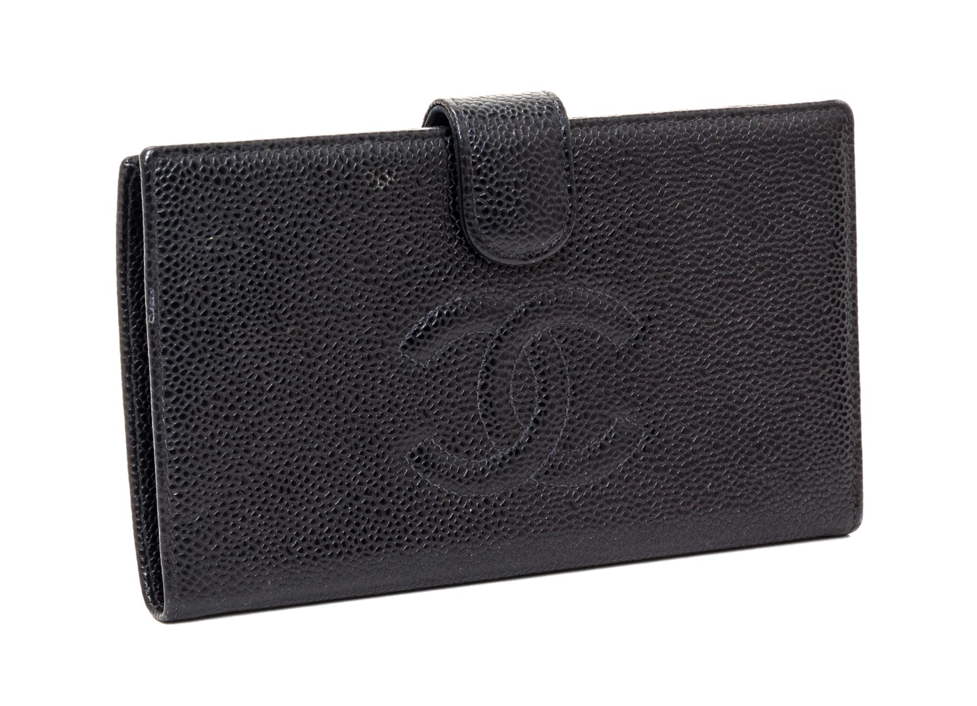 A Chanel Black Caviar Leather Wallet, 7" x 4" x .5".
