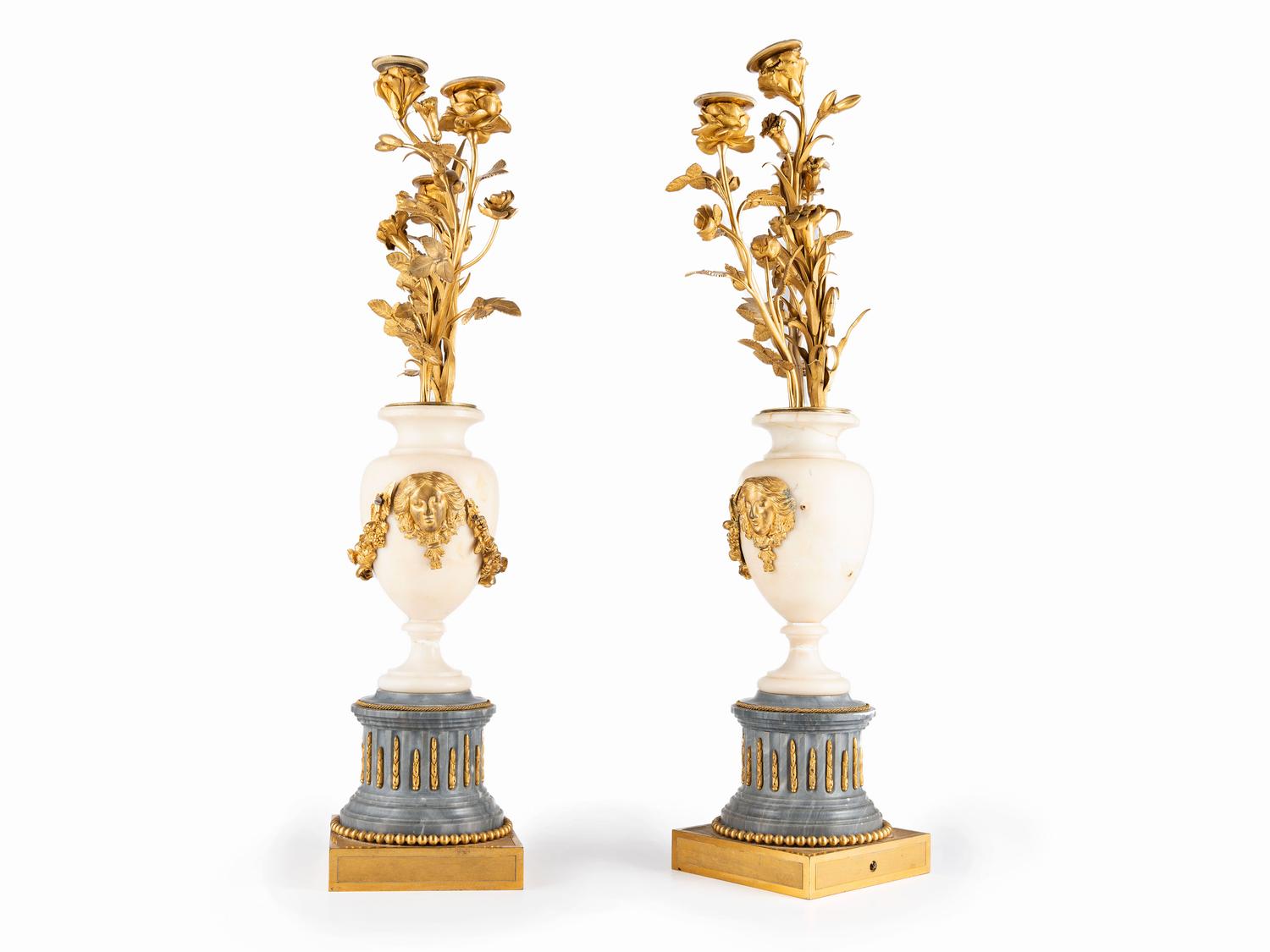 A Pair of French Gilt Bronze and Marble Candelabra